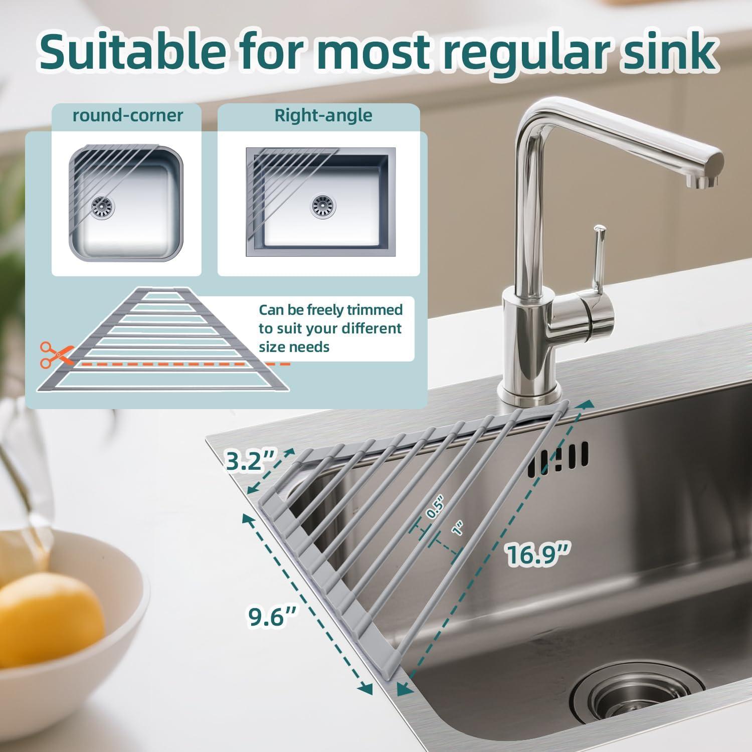 imageOhuhu Over Sink Dish Drying Rack Silicone Wrapped 176 W x 154 L Large Over The Sink Roll Up Dish Drainer Foldable Sink Drying Rack Rolling Drain Mats AntiSlip Multipurpose for Kitchen CounterGray