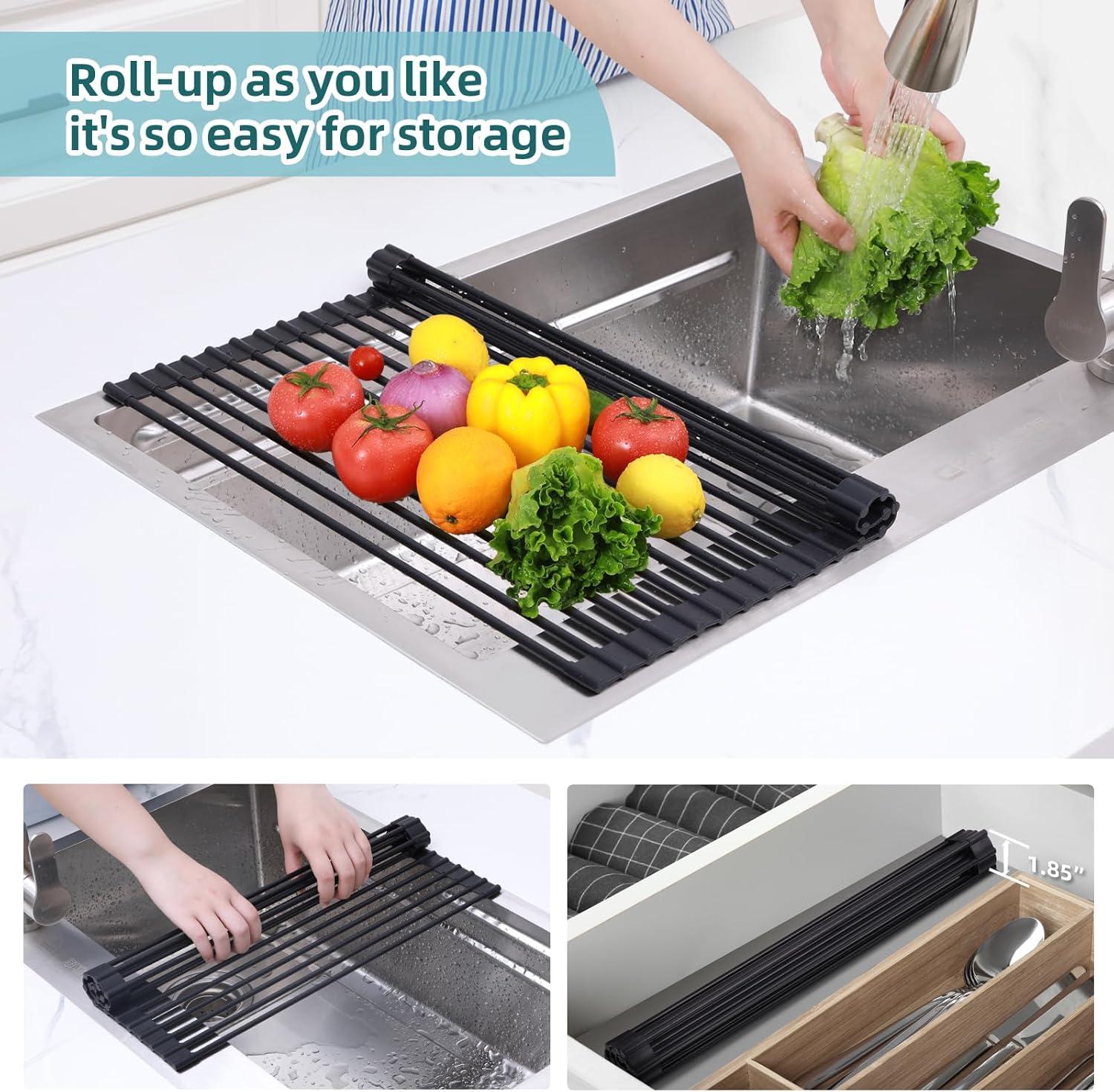 imageOhuhu Over Sink Dish Drying Rack Silicone Wrapped 176 W x 154 L Large Over The Sink Roll Up Dish Drainer Foldable Sink Drying Rack Rolling Drain Mats AntiSlip Multipurpose for Kitchen CounterBlack