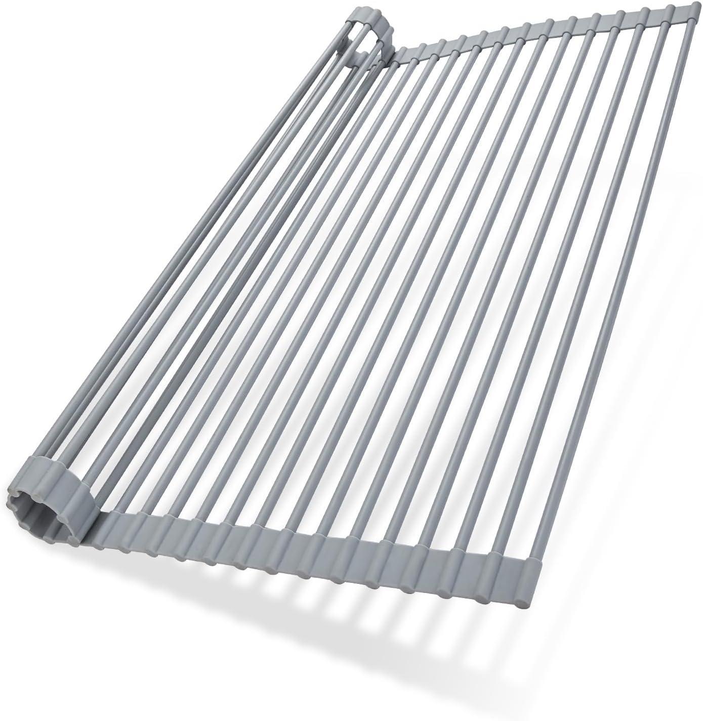 imageOhuhu Over Sink Dish Drying Rack Silicone Wrapped 176 W x 154 L Large Over The Sink Roll Up Dish Drainer Foldable Sink Drying Rack Rolling Drain Mats AntiSlip Multipurpose for Kitchen CounterGray