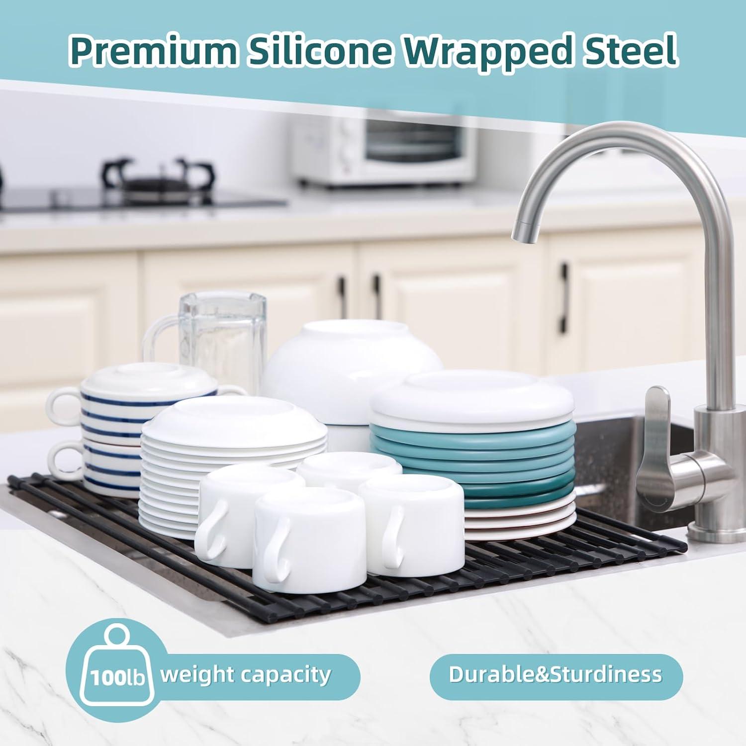 imageOhuhu Over Sink Dish Drying Rack Silicone Wrapped 176 W x 154 L Large Over The Sink Roll Up Dish Drainer Foldable Sink Drying Rack Rolling Drain Mats AntiSlip Multipurpose for Kitchen CounterBlack