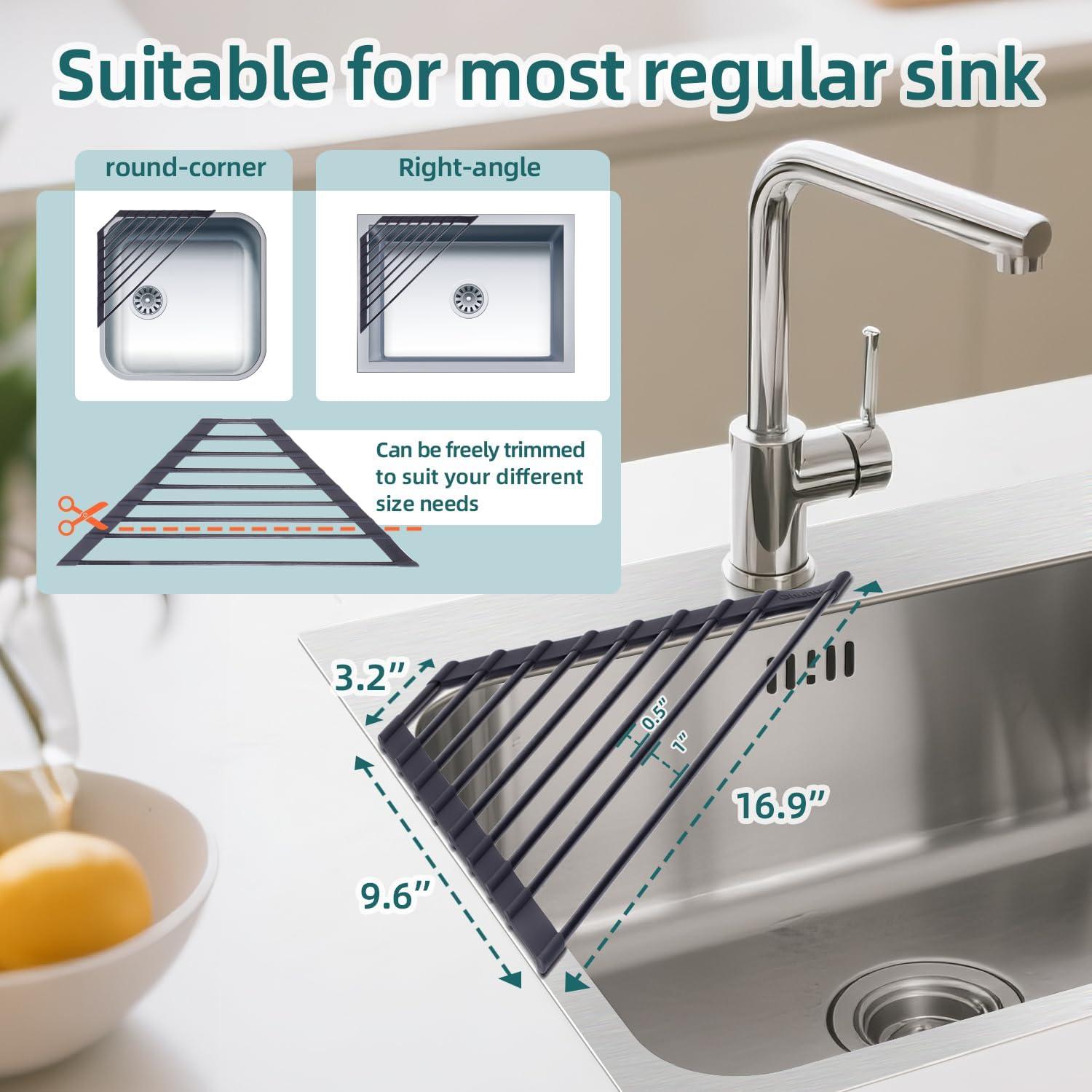 imageOhuhu Over Sink Dish Drying Rack Silicone Wrapped 176 W x 154 L Large Over The Sink Roll Up Dish Drainer Foldable Sink Drying Rack Rolling Drain Mats AntiSlip Multipurpose for Kitchen CounterBlack