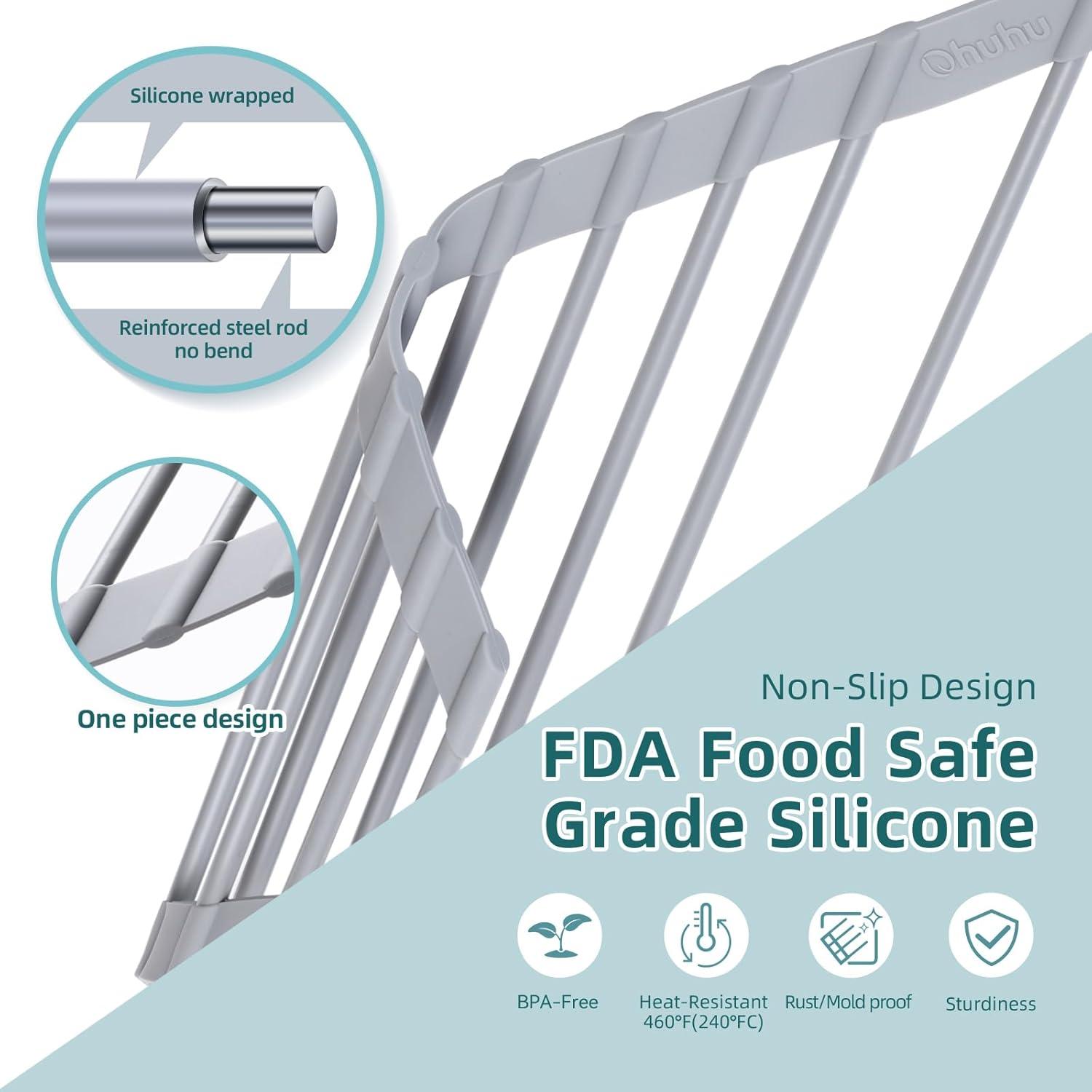 imageOhuhu Over Sink Dish Drying Rack Silicone Wrapped 176 W x 154 L Large Over The Sink Roll Up Dish Drainer Foldable Sink Drying Rack Rolling Drain Mats AntiSlip Multipurpose for Kitchen CounterGray