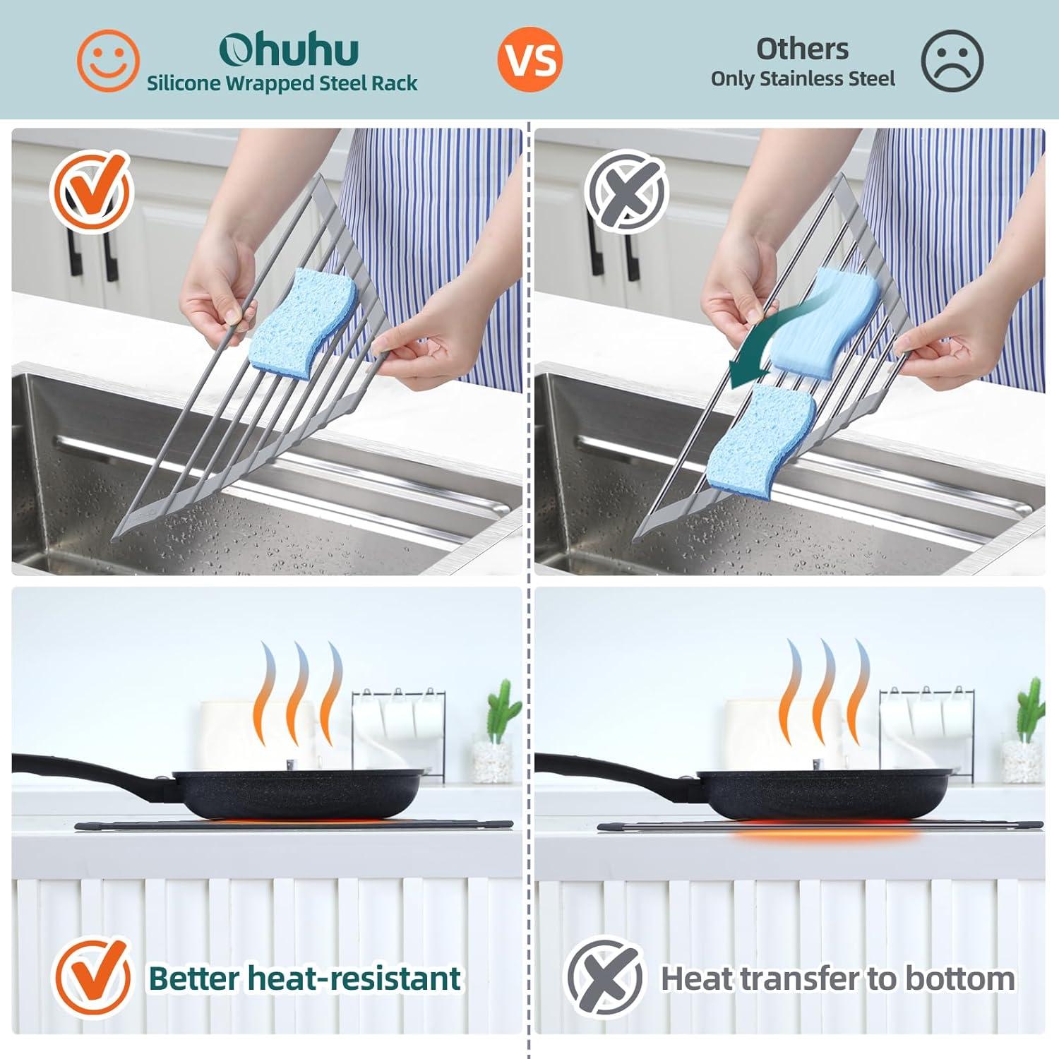 imageOhuhu Over Sink Dish Drying Rack Silicone Wrapped 176 W x 154 L Large Over The Sink Roll Up Dish Drainer Foldable Sink Drying Rack Rolling Drain Mats AntiSlip Multipurpose for Kitchen CounterGray