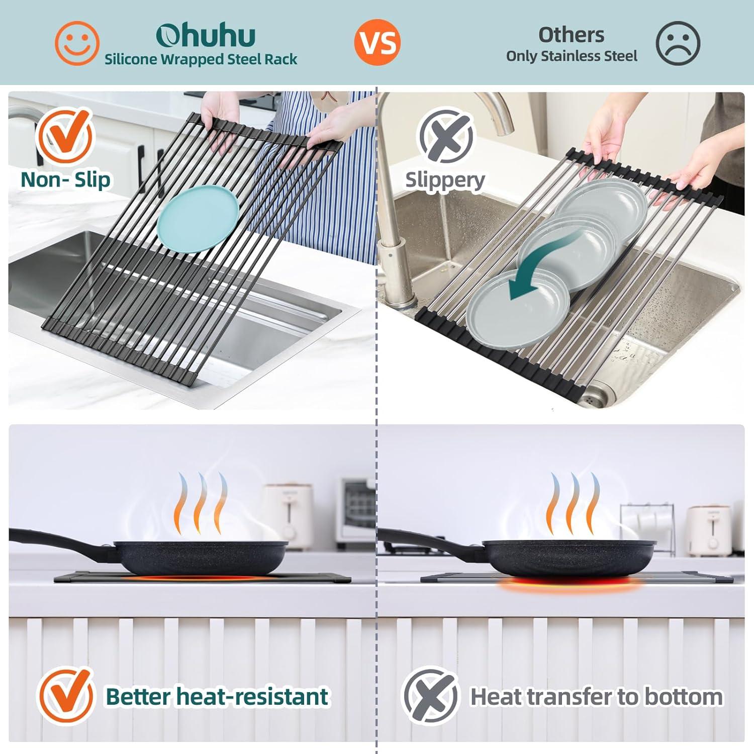 imageOhuhu Over Sink Dish Drying Rack Silicone Wrapped 176 W x 154 L Large Over The Sink Roll Up Dish Drainer Foldable Sink Drying Rack Rolling Drain Mats AntiSlip Multipurpose for Kitchen CounterBlack