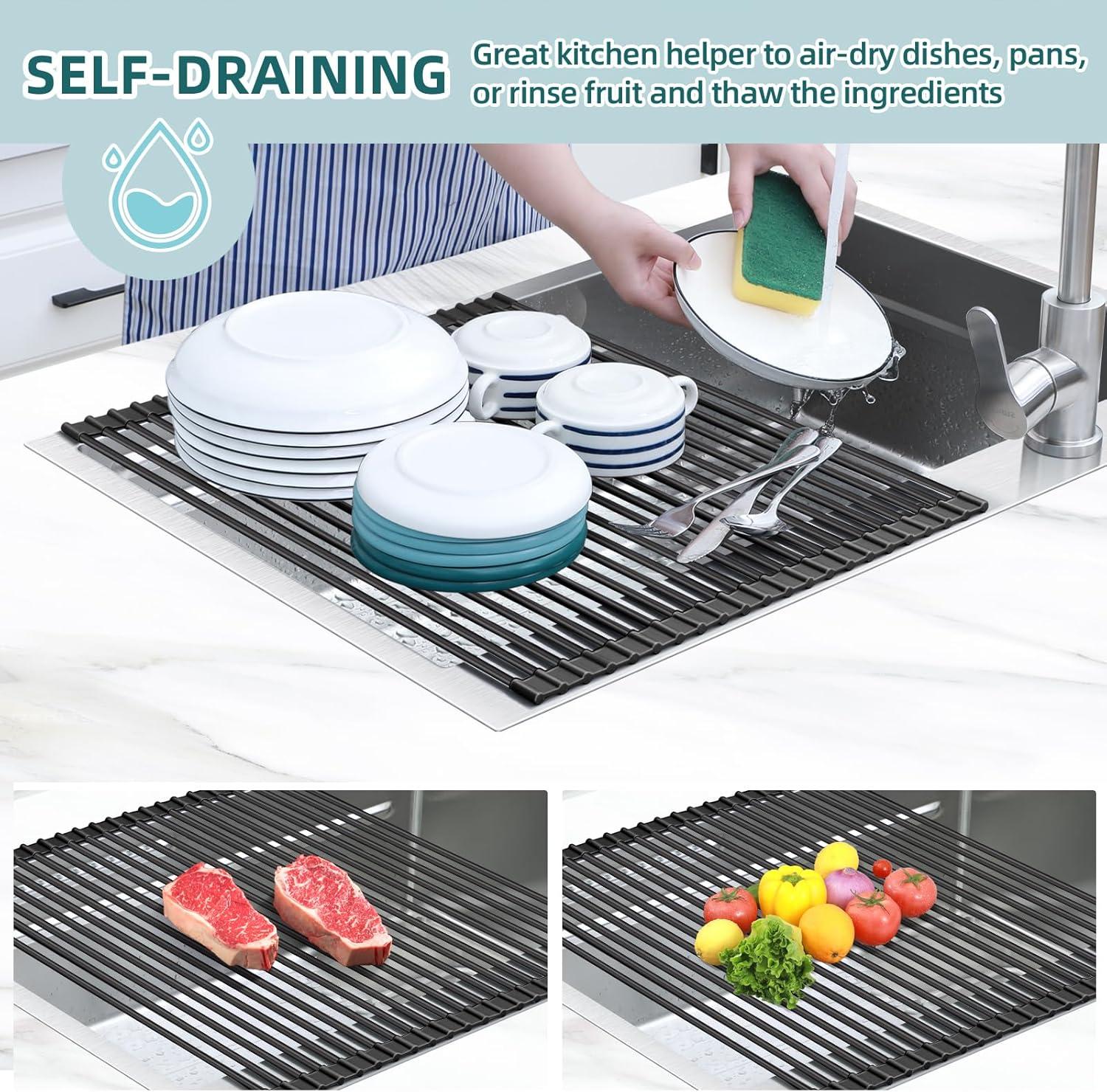 imageOhuhu Over Sink Dish Drying Rack Silicone Wrapped 176 W x 154 L Large Over The Sink Roll Up Dish Drainer Foldable Sink Drying Rack Rolling Drain Mats AntiSlip Multipurpose for Kitchen CounterBlack