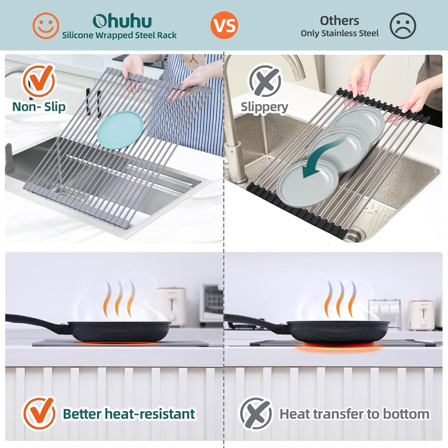 imageOhuhu Over Sink Dish Drying Rack Silicone Wrapped 176 W x 154 L Large Over The Sink Roll Up Dish Drainer Foldable Sink Drying Rack Rolling Drain Mats AntiSlip Multipurpose for Kitchen CounterGray