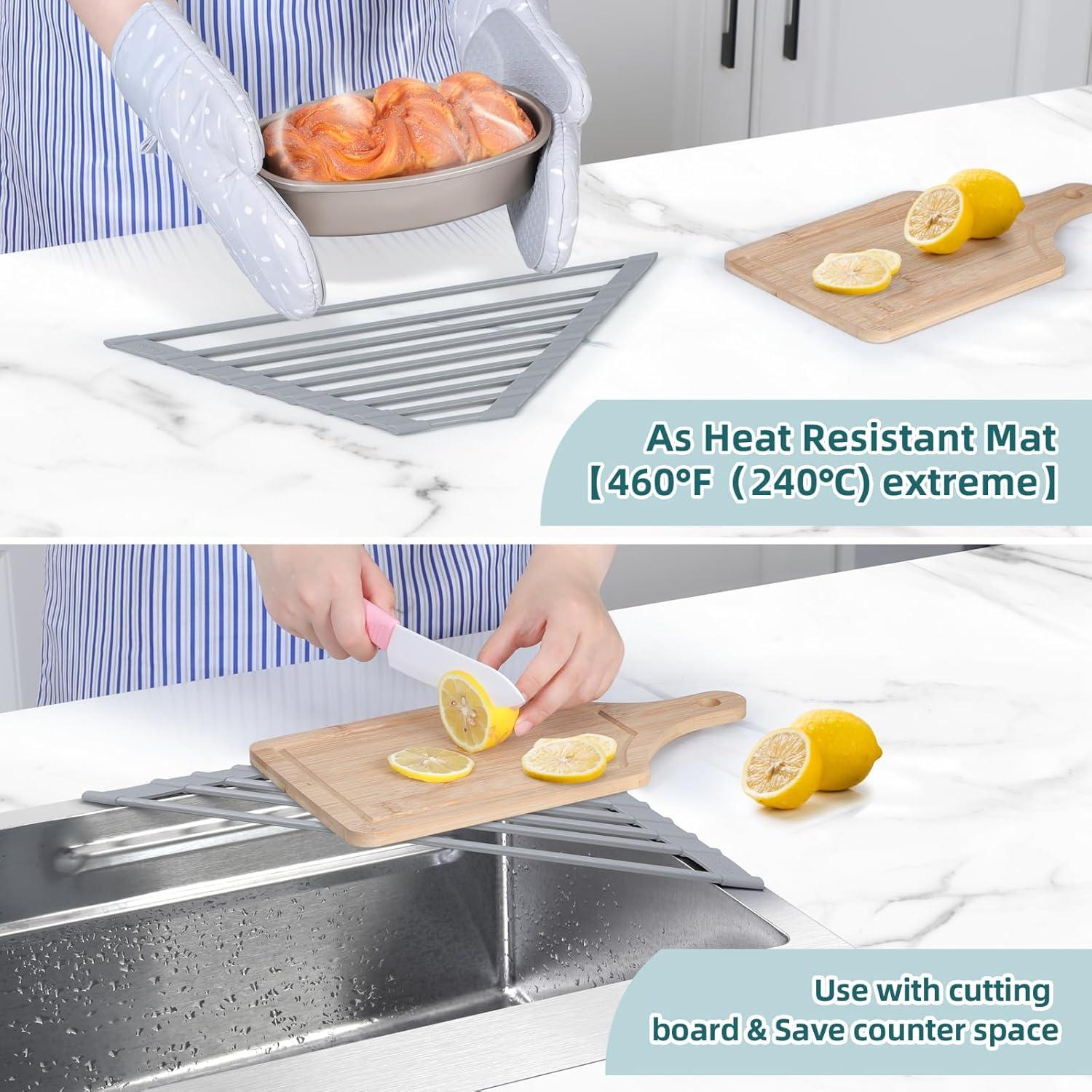 imageOhuhu Over Sink Dish Drying Rack Silicone Wrapped 176 W x 154 L Large Over The Sink Roll Up Dish Drainer Foldable Sink Drying Rack Rolling Drain Mats AntiSlip Multipurpose for Kitchen CounterGray