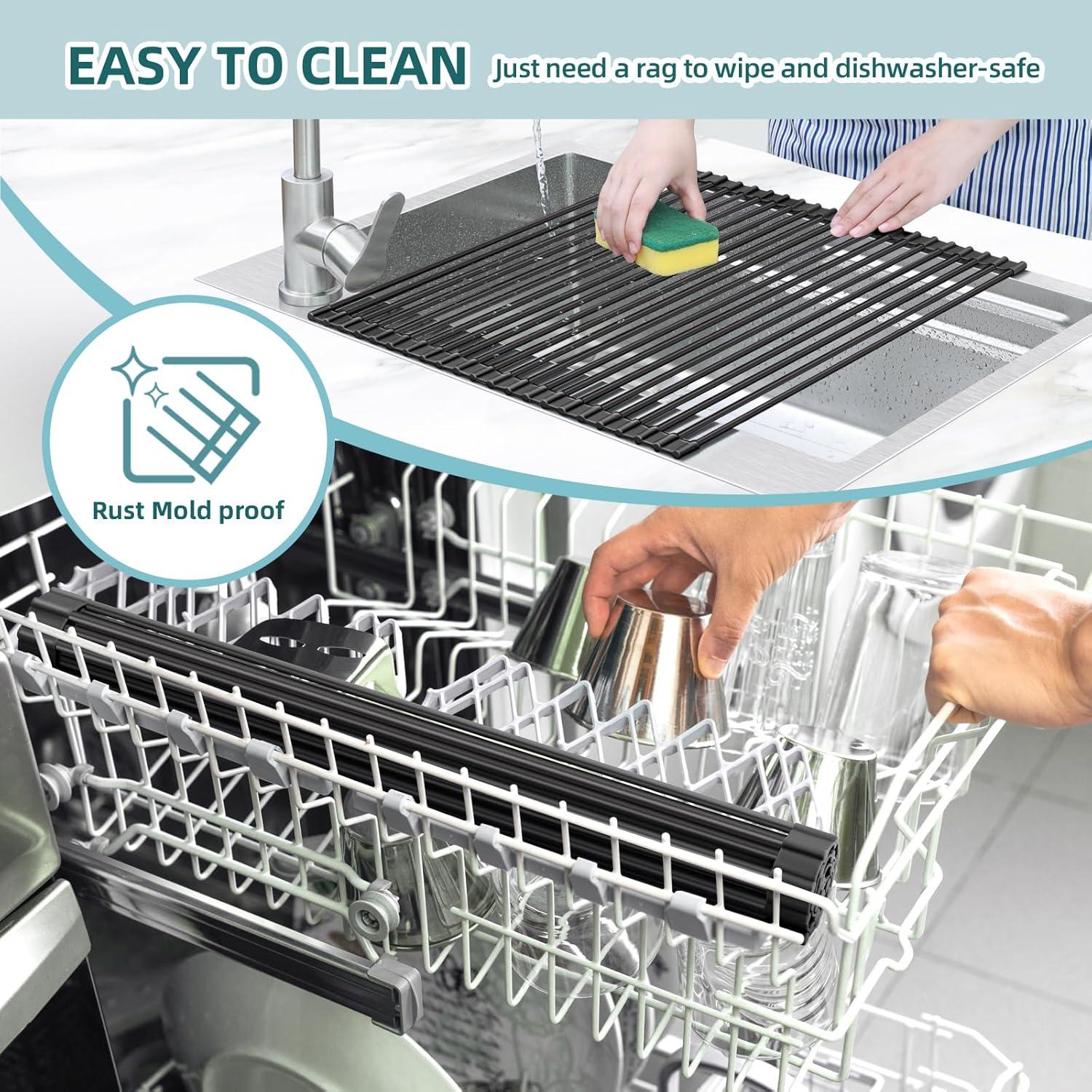 imageOhuhu Over Sink Dish Drying Rack Silicone Wrapped 176 W x 154 L Large Over The Sink Roll Up Dish Drainer Foldable Sink Drying Rack Rolling Drain Mats AntiSlip Multipurpose for Kitchen CounterBlack
