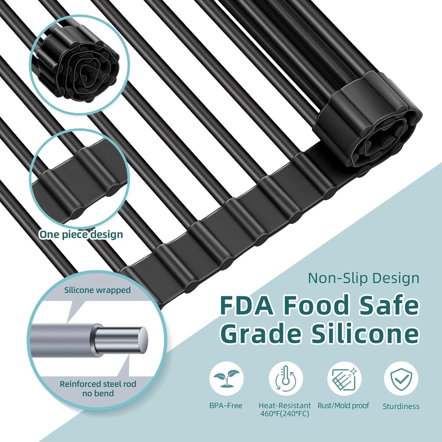 imageOhuhu Over Sink Dish Drying Rack Silicone Wrapped 176 W x 154 L Large Over The Sink Roll Up Dish Drainer Foldable Sink Drying Rack Rolling Drain Mats AntiSlip Multipurpose for Kitchen CounterBlack