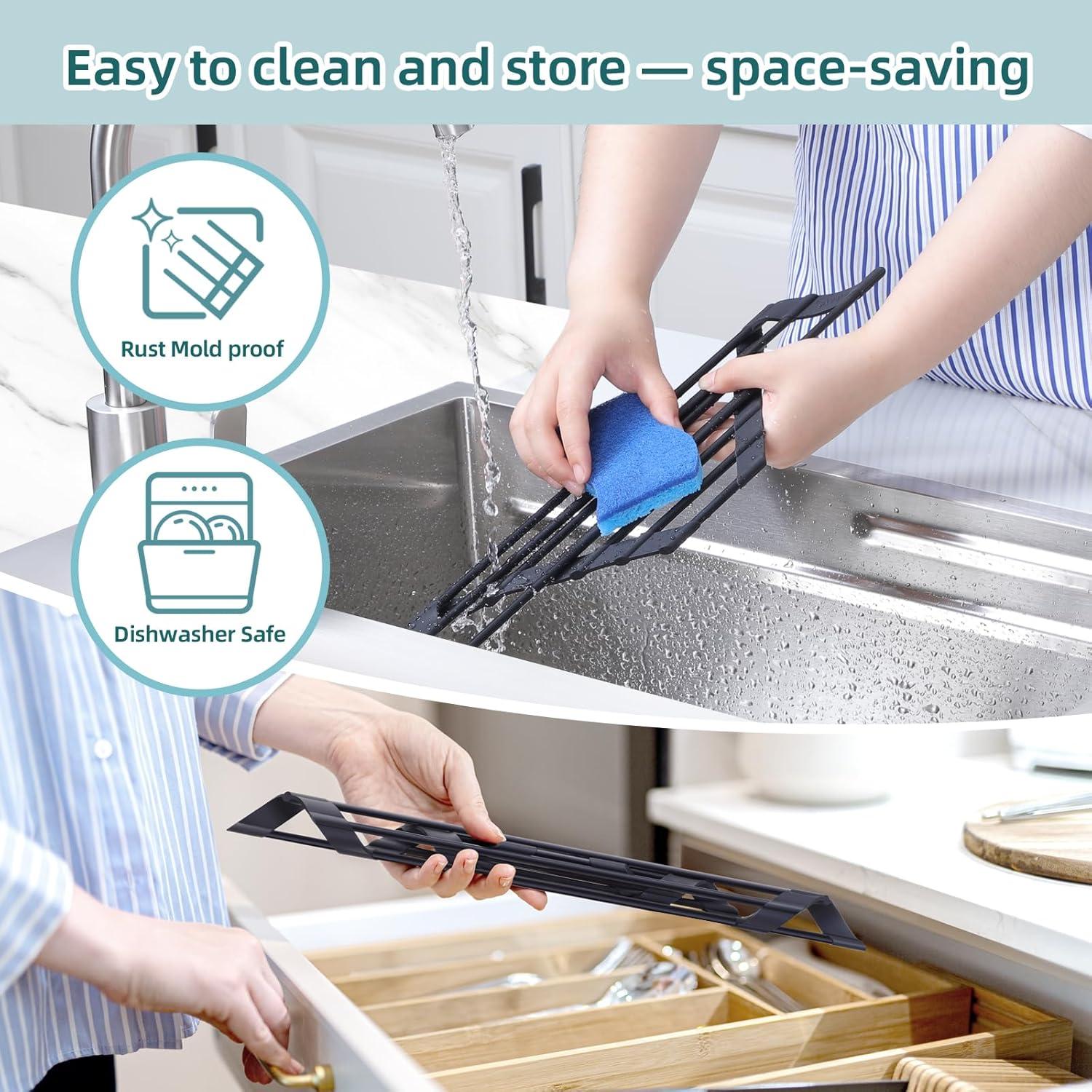 imageOhuhu Over Sink Dish Drying Rack Silicone Wrapped 176 W x 154 L Large Over The Sink Roll Up Dish Drainer Foldable Sink Drying Rack Rolling Drain Mats AntiSlip Multipurpose for Kitchen CounterBlack