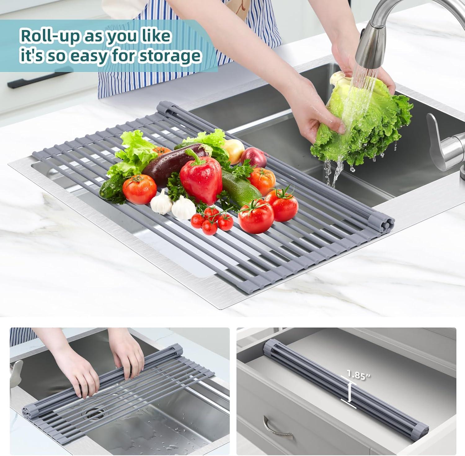 imageOhuhu Over Sink Dish Drying Rack Silicone Wrapped 176 W x 154 L Large Over The Sink Roll Up Dish Drainer Foldable Sink Drying Rack Rolling Drain Mats AntiSlip Multipurpose for Kitchen CounterGray