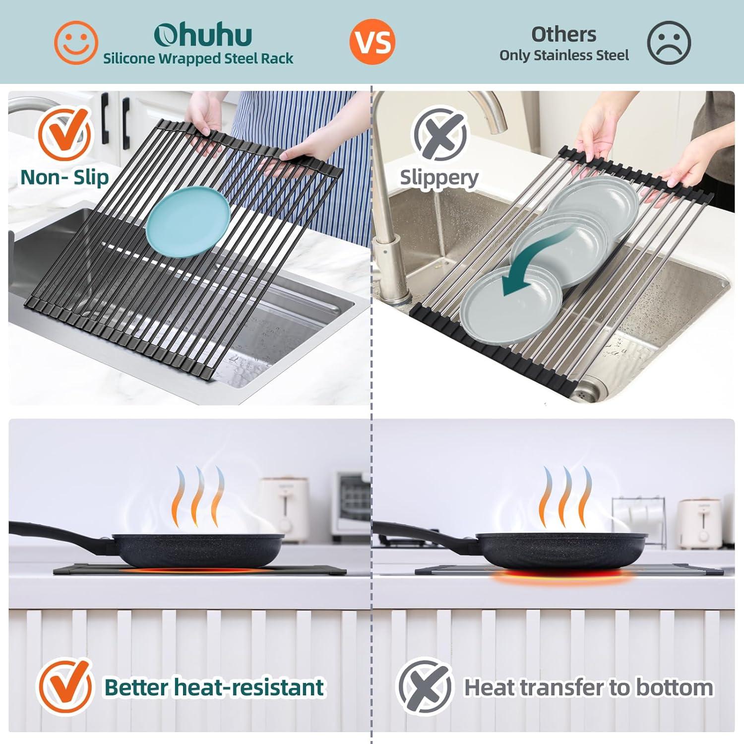 imageOhuhu Over Sink Dish Drying Rack Silicone Wrapped 176 W x 154 L Large Over The Sink Roll Up Dish Drainer Foldable Sink Drying Rack Rolling Drain Mats AntiSlip Multipurpose for Kitchen CounterBlack