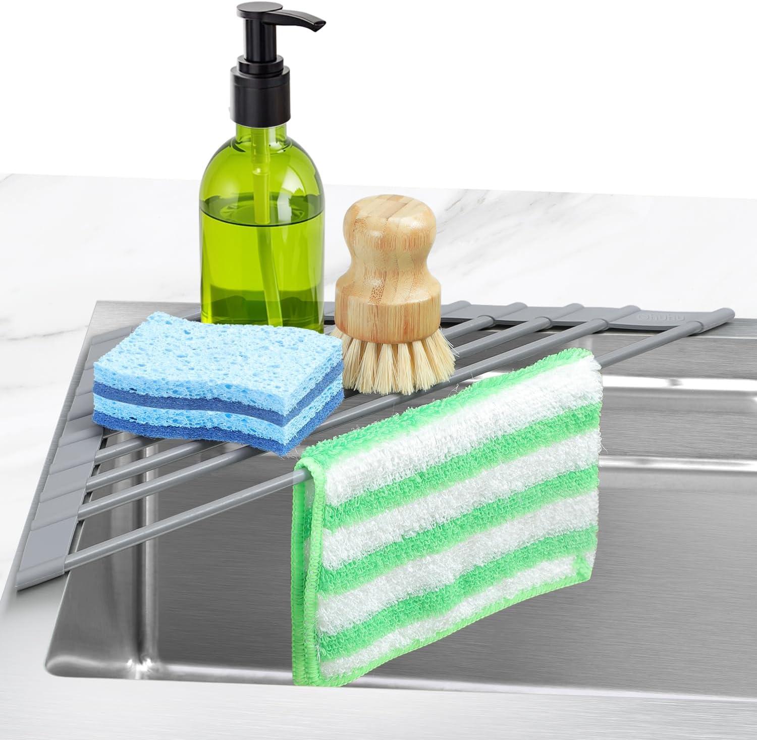 imageOhuhu Over Sink Dish Drying Rack Silicone Wrapped 176 W x 154 L Large Over The Sink Roll Up Dish Drainer Foldable Sink Drying Rack Rolling Drain Mats AntiSlip Multipurpose for Kitchen CounterGray