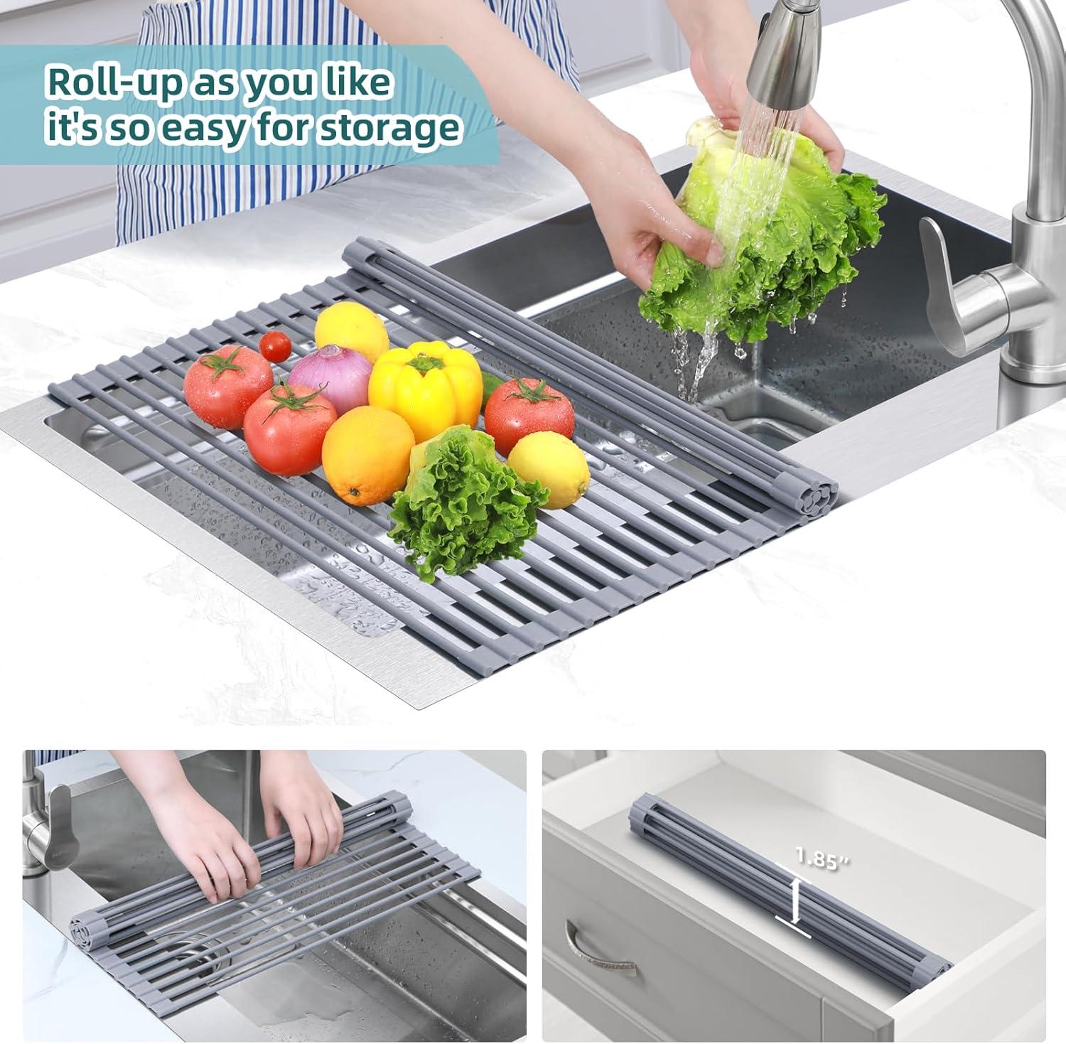 imageOhuhu Over Sink Dish Drying Rack Silicone Wrapped 176 W x 154 L Large Over The Sink Roll Up Dish Drainer Foldable Sink Drying Rack Rolling Drain Mats AntiSlip Multipurpose for Kitchen CounterGray