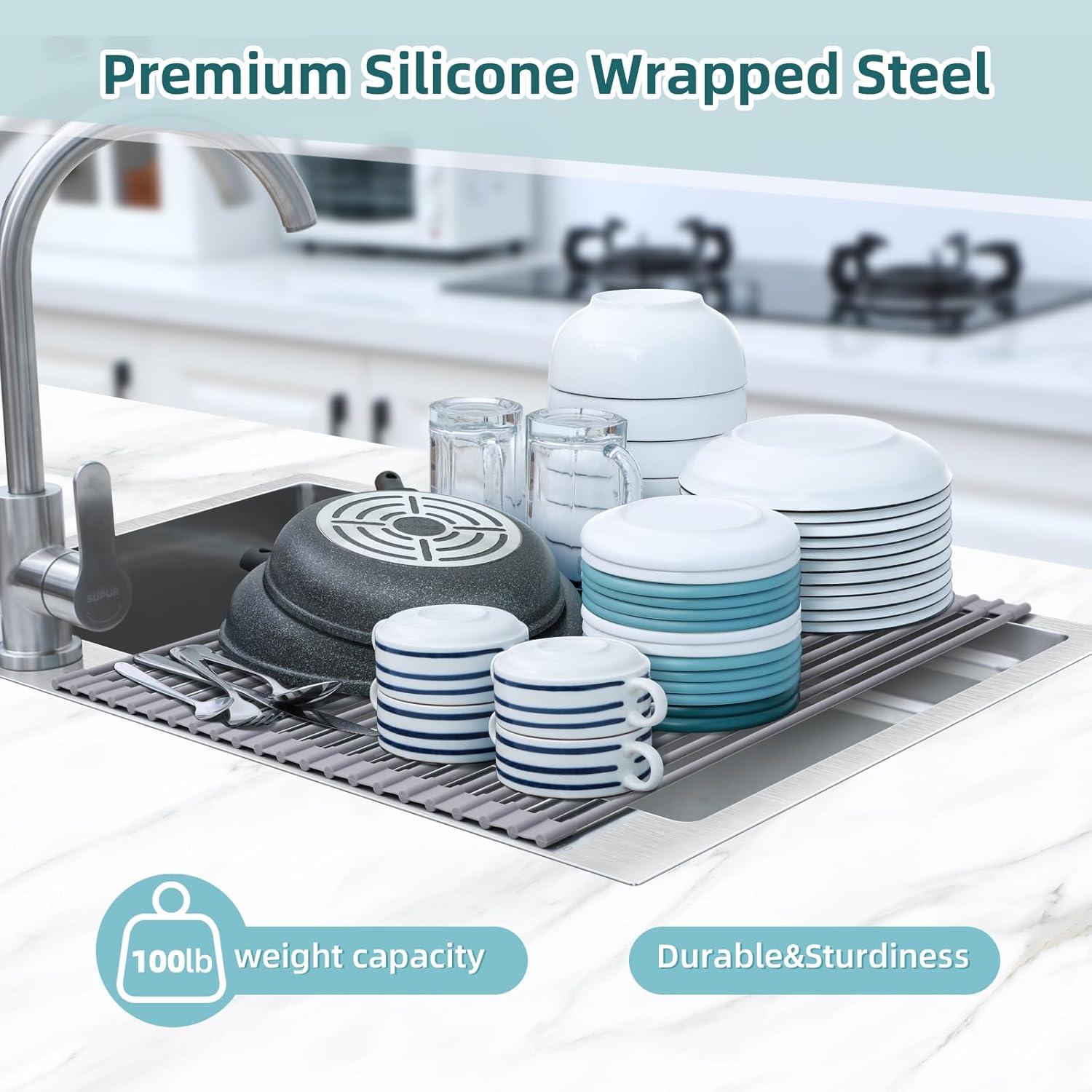 imageOhuhu Over Sink Dish Drying Rack Silicone Wrapped 176 W x 154 L Large Over The Sink Roll Up Dish Drainer Foldable Sink Drying Rack Rolling Drain Mats AntiSlip Multipurpose for Kitchen CounterGray