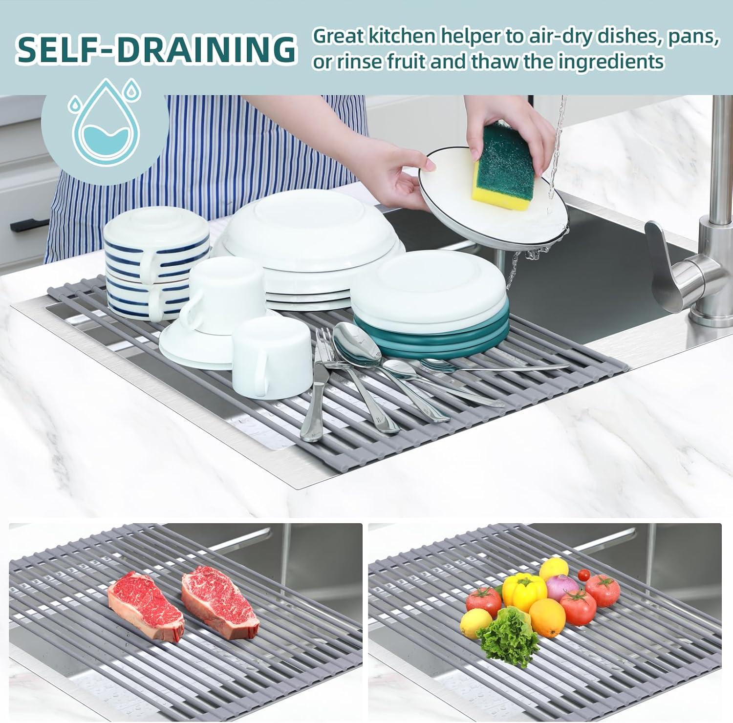 imageOhuhu Over Sink Dish Drying Rack Silicone Wrapped 176 W x 154 L Large Over The Sink Roll Up Dish Drainer Foldable Sink Drying Rack Rolling Drain Mats AntiSlip Multipurpose for Kitchen CounterGray
