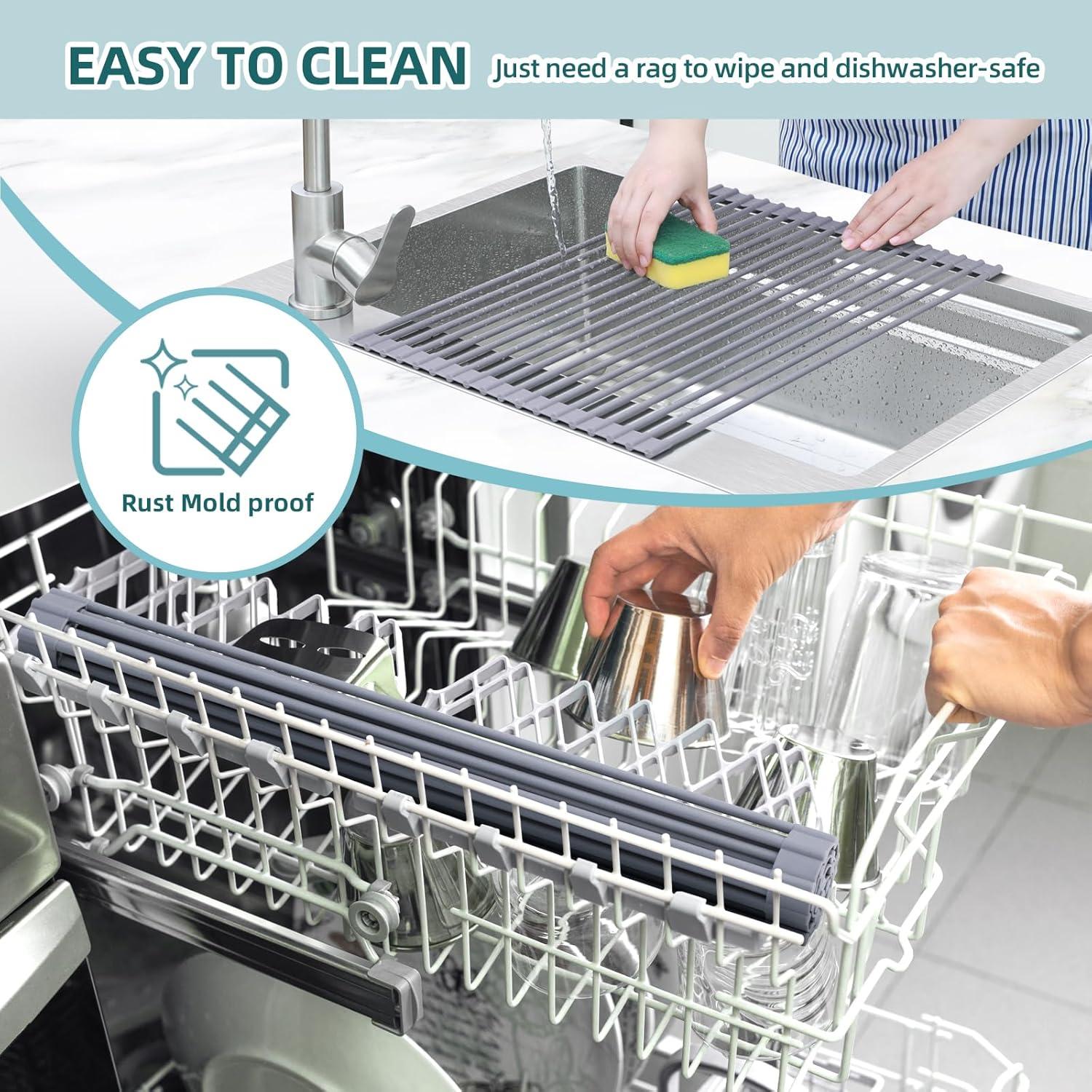imageOhuhu Over Sink Dish Drying Rack Silicone Wrapped 176 W x 154 L Large Over The Sink Roll Up Dish Drainer Foldable Sink Drying Rack Rolling Drain Mats AntiSlip Multipurpose for Kitchen CounterGray