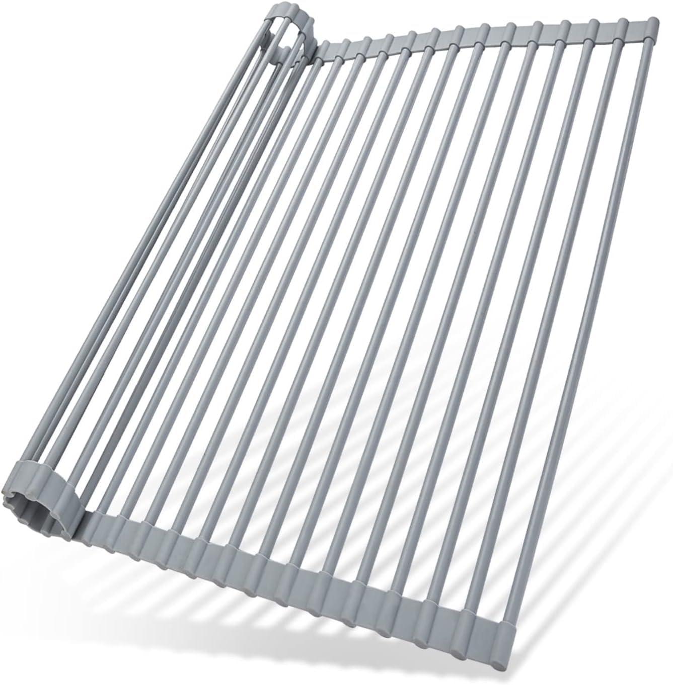 imageOhuhu Over Sink Dish Drying Rack Silicone Wrapped 176 W x 154 L Large Over The Sink Roll Up Dish Drainer Foldable Sink Drying Rack Rolling Drain Mats AntiSlip Multipurpose for Kitchen CounterGray