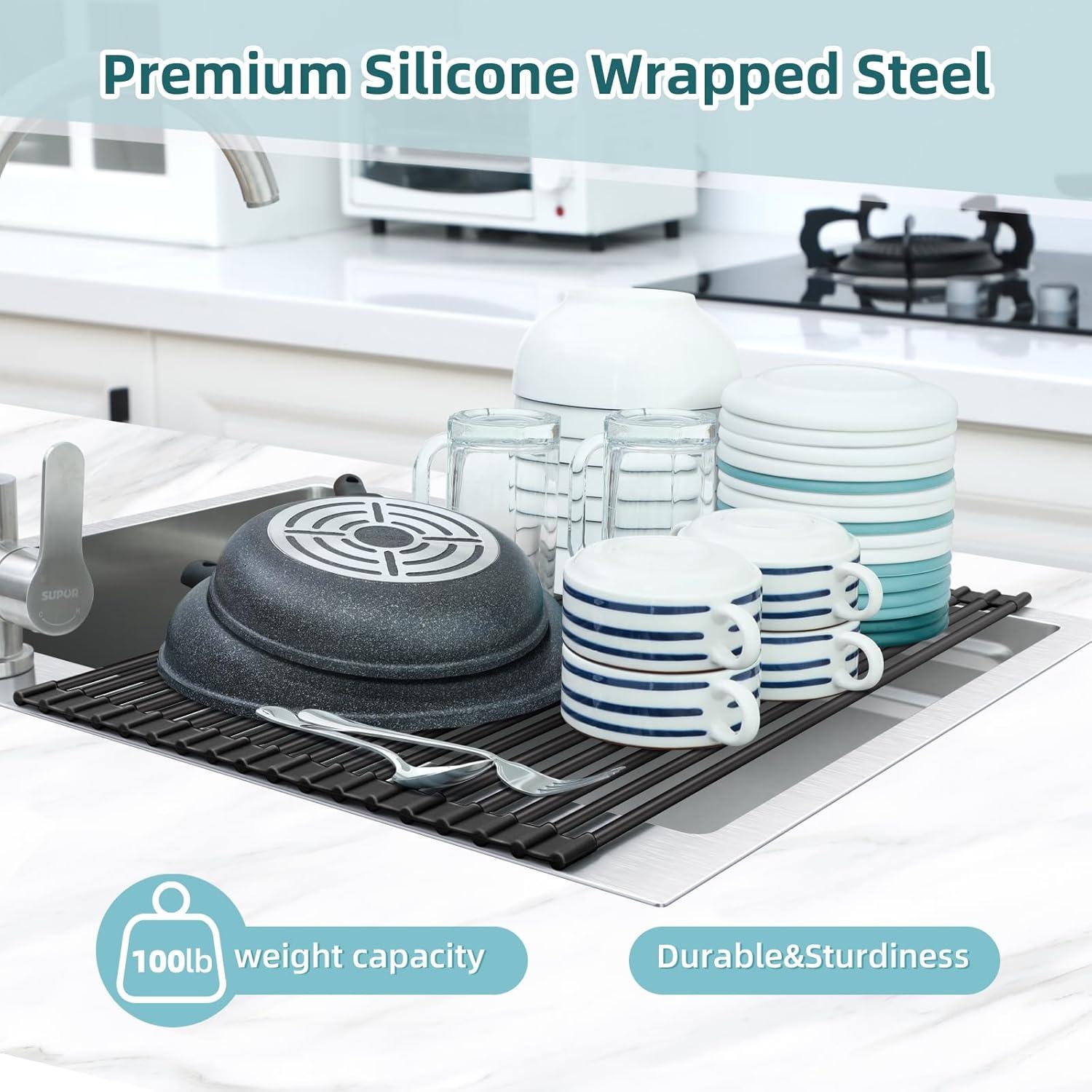 imageOhuhu Over Sink Dish Drying Rack Silicone Wrapped 176 W x 154 L Large Over The Sink Roll Up Dish Drainer Foldable Sink Drying Rack Rolling Drain Mats AntiSlip Multipurpose for Kitchen CounterBlack