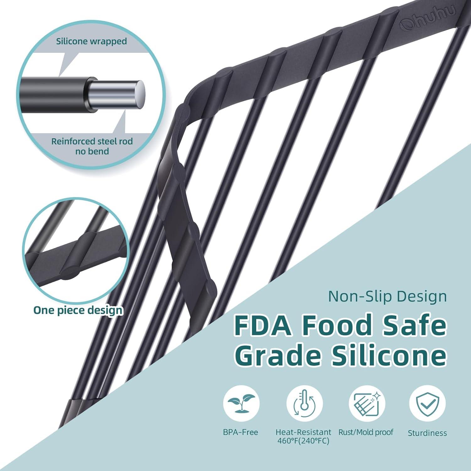 imageOhuhu Over Sink Dish Drying Rack Silicone Wrapped 176 W x 154 L Large Over The Sink Roll Up Dish Drainer Foldable Sink Drying Rack Rolling Drain Mats AntiSlip Multipurpose for Kitchen CounterBlack