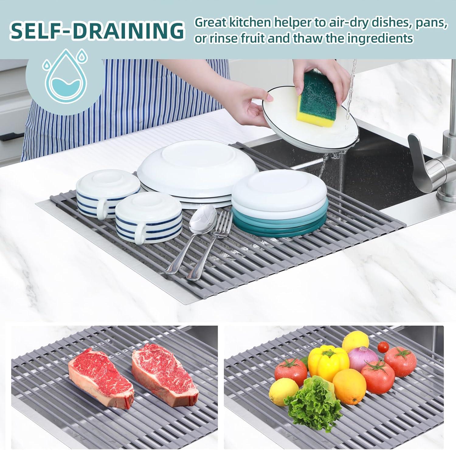 imageOhuhu Over Sink Dish Drying Rack Silicone Wrapped 176 W x 154 L Large Over The Sink Roll Up Dish Drainer Foldable Sink Drying Rack Rolling Drain Mats AntiSlip Multipurpose for Kitchen CounterGray