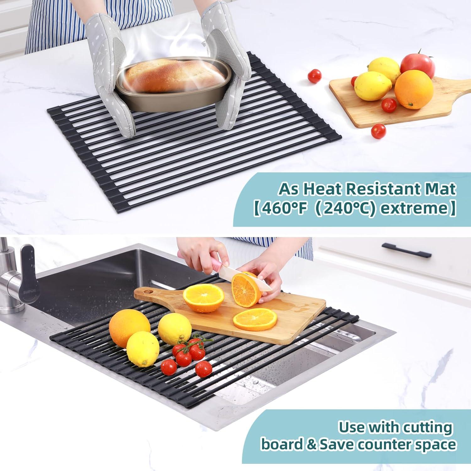 imageOhuhu Over Sink Dish Drying Rack Silicone Wrapped 176 W x 154 L Large Over The Sink Roll Up Dish Drainer Foldable Sink Drying Rack Rolling Drain Mats AntiSlip Multipurpose for Kitchen CounterBlack