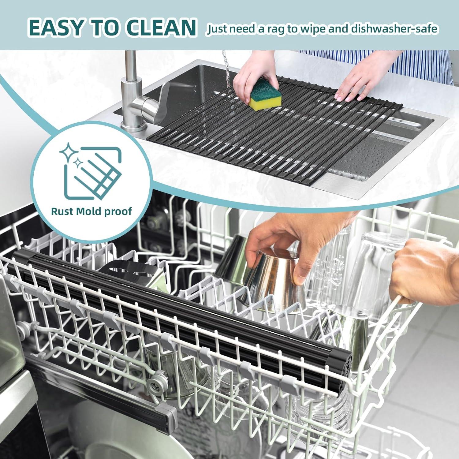 imageOhuhu Over Sink Dish Drying Rack Silicone Wrapped 176 W x 154 L Large Over The Sink Roll Up Dish Drainer Foldable Sink Drying Rack Rolling Drain Mats AntiSlip Multipurpose for Kitchen CounterBlack