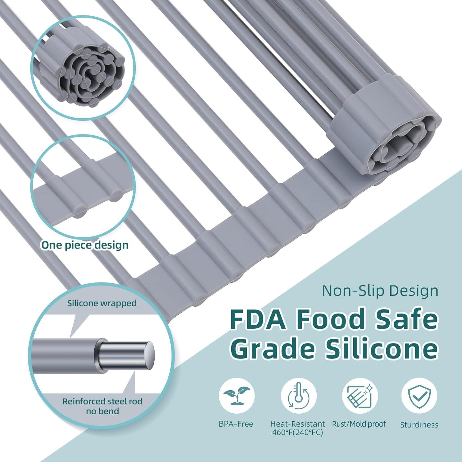imageOhuhu Over Sink Dish Drying Rack Silicone Wrapped 176 W x 154 L Large Over The Sink Roll Up Dish Drainer Foldable Sink Drying Rack Rolling Drain Mats AntiSlip Multipurpose for Kitchen CounterGray