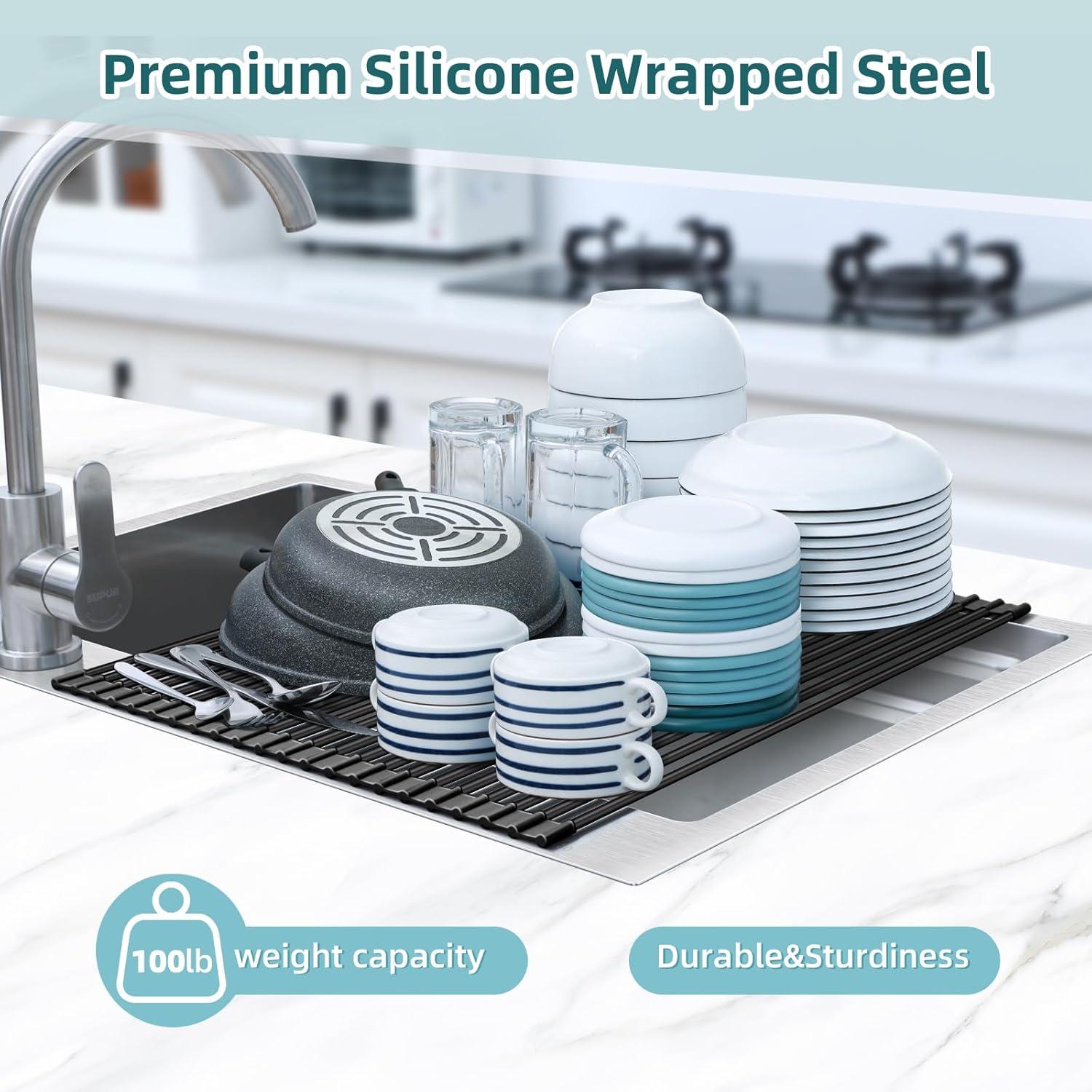 imageOhuhu Over Sink Dish Drying Rack Silicone Wrapped 176 W x 154 L Large Over The Sink Roll Up Dish Drainer Foldable Sink Drying Rack Rolling Drain Mats AntiSlip Multipurpose for Kitchen CounterBlack