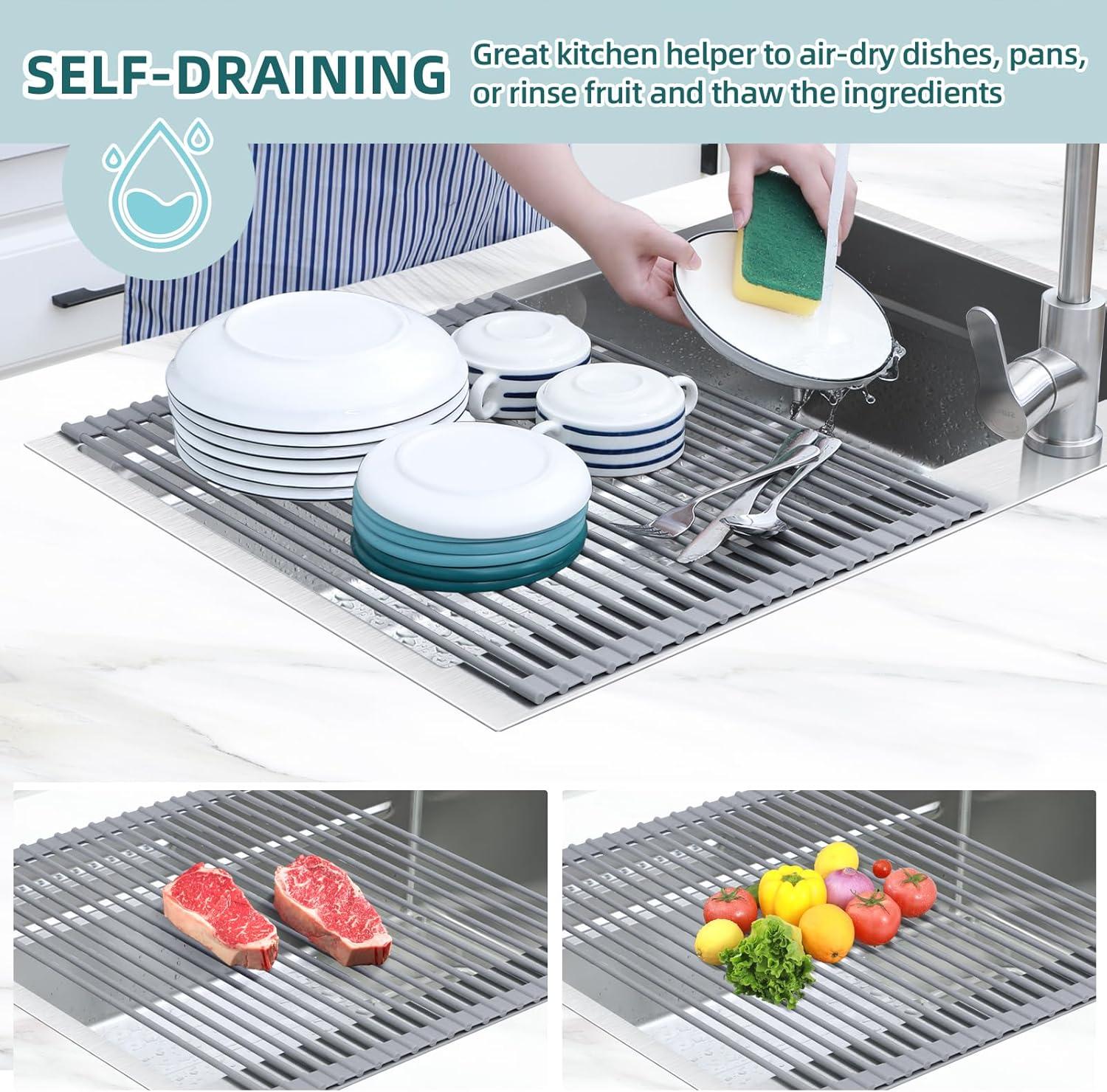 imageOhuhu Over Sink Dish Drying Rack Silicone Wrapped 176 W x 154 L Large Over The Sink Roll Up Dish Drainer Foldable Sink Drying Rack Rolling Drain Mats AntiSlip Multipurpose for Kitchen CounterGray