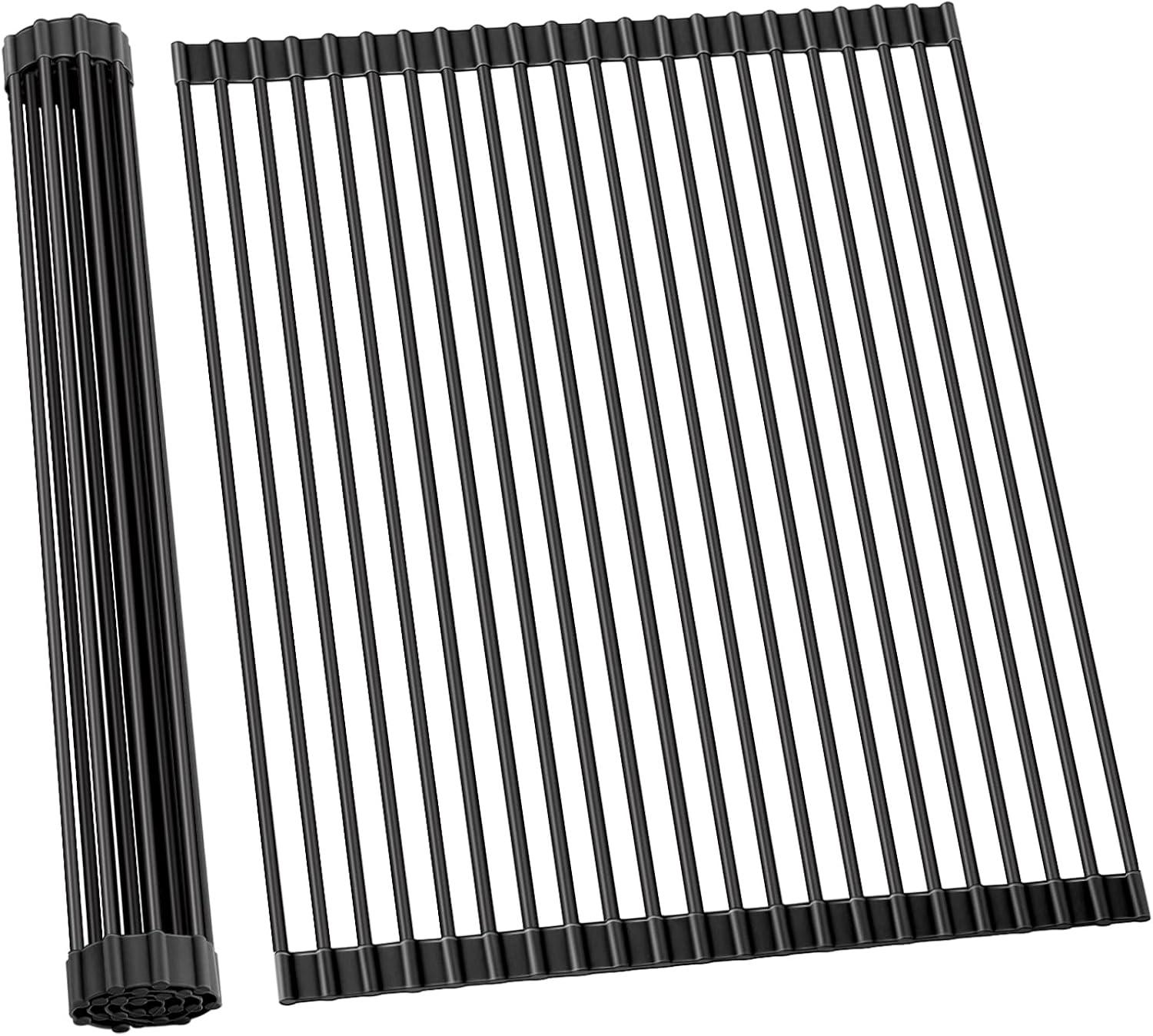 imageOhuhu Over Sink Dish Drying Rack Silicone Wrapped 176 W x 154 L Large Over The Sink Roll Up Dish Drainer Foldable Sink Drying Rack Rolling Drain Mats AntiSlip Multipurpose for Kitchen CounterBlack