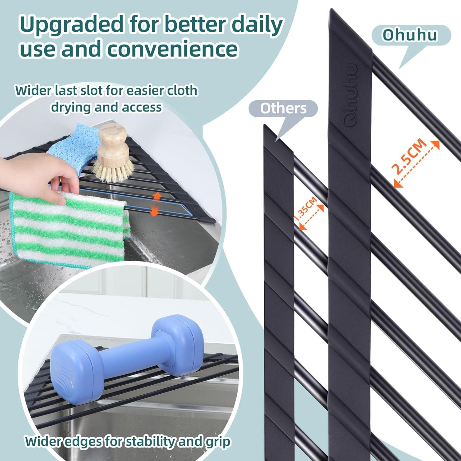 imageOhuhu Over Sink Dish Drying Rack Silicone Wrapped 176 W x 154 L Large Over The Sink Roll Up Dish Drainer Foldable Sink Drying Rack Rolling Drain Mats AntiSlip Multipurpose for Kitchen CounterBlack
