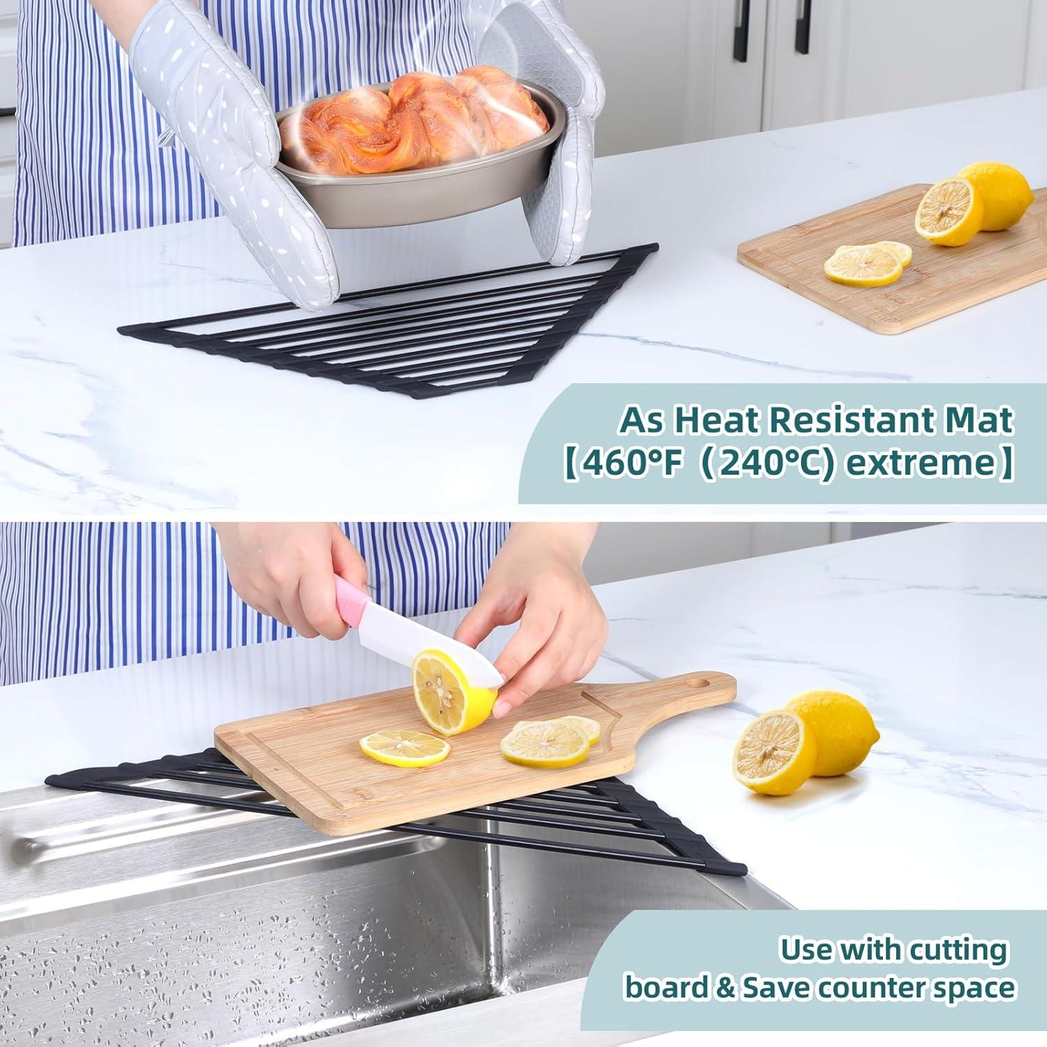 imageOhuhu Over Sink Dish Drying Rack Silicone Wrapped 176 W x 154 L Large Over The Sink Roll Up Dish Drainer Foldable Sink Drying Rack Rolling Drain Mats AntiSlip Multipurpose for Kitchen CounterBlack