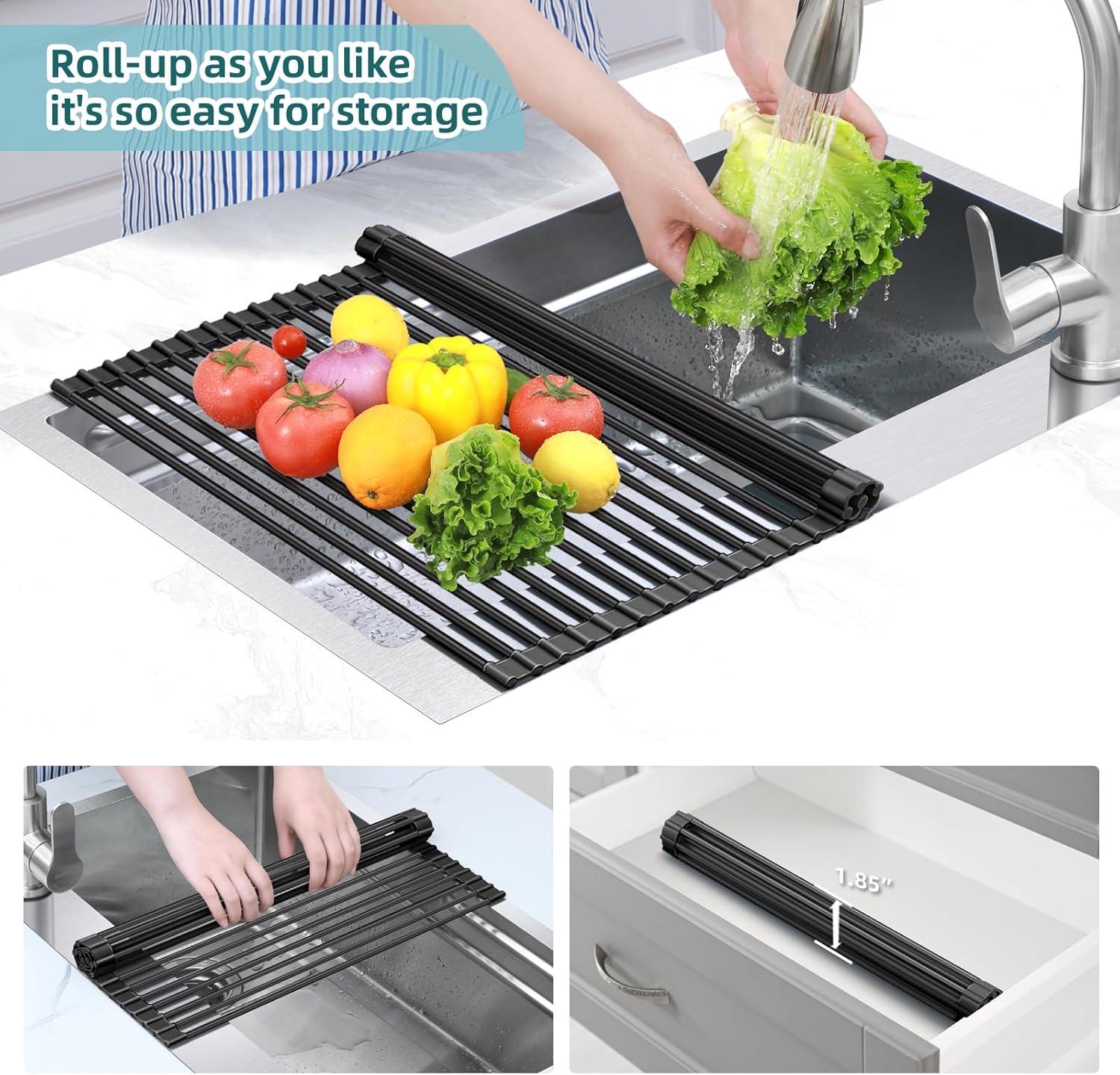 imageOhuhu Over Sink Dish Drying Rack Silicone Wrapped 176 W x 154 L Large Over The Sink Roll Up Dish Drainer Foldable Sink Drying Rack Rolling Drain Mats AntiSlip Multipurpose for Kitchen CounterBlack