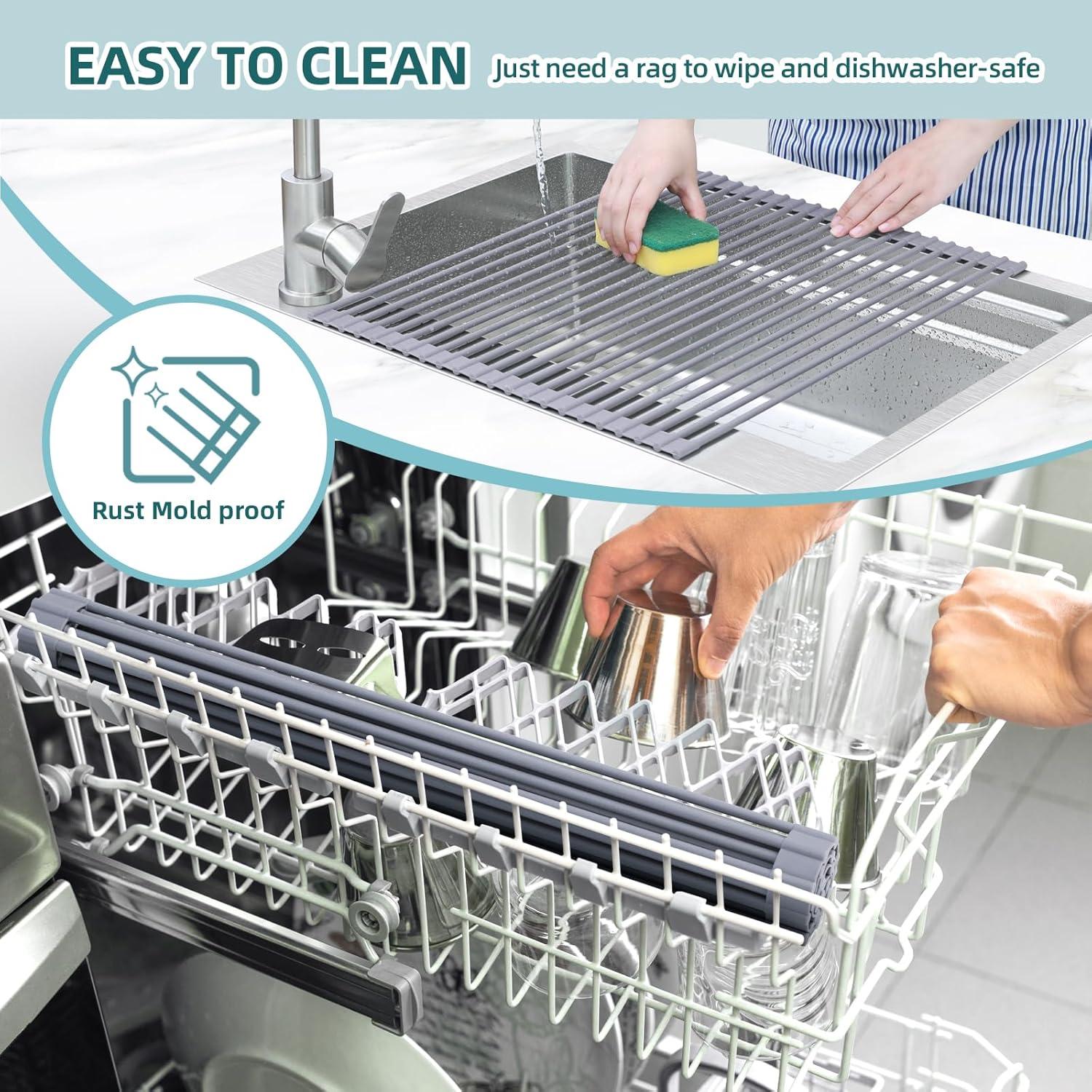 imageOhuhu Over Sink Dish Drying Rack Silicone Wrapped 176 W x 154 L Large Over The Sink Roll Up Dish Drainer Foldable Sink Drying Rack Rolling Drain Mats AntiSlip Multipurpose for Kitchen CounterGray