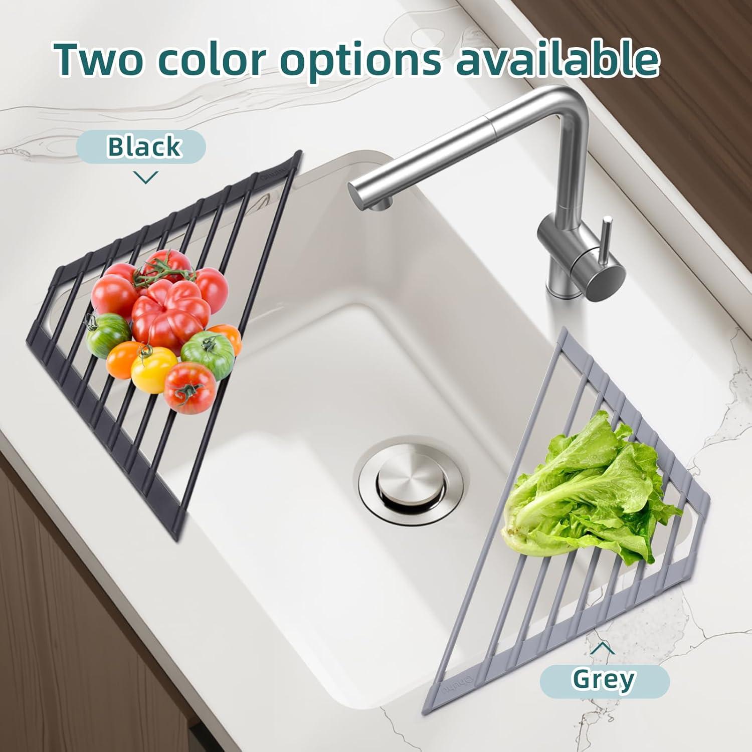 imageOhuhu Over Sink Dish Drying Rack Silicone Wrapped 176 W x 154 L Large Over The Sink Roll Up Dish Drainer Foldable Sink Drying Rack Rolling Drain Mats AntiSlip Multipurpose for Kitchen CounterGray