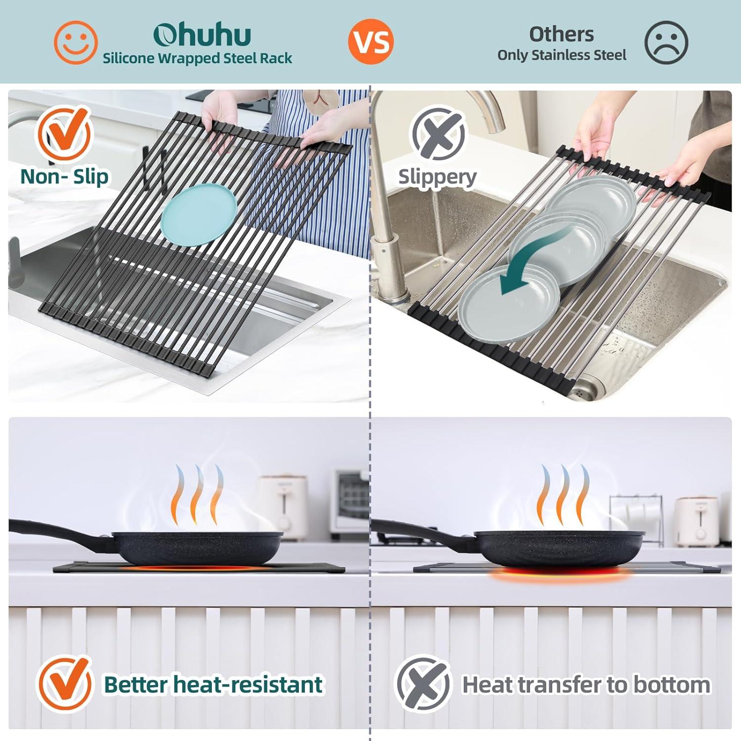 imageOhuhu Over Sink Dish Drying Rack Silicone Wrapped 176 W x 154 L Large Over The Sink Roll Up Dish Drainer Foldable Sink Drying Rack Rolling Drain Mats AntiSlip Multipurpose for Kitchen CounterBlack