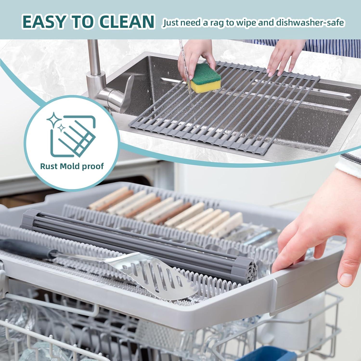 imageOhuhu Over Sink Dish Drying Rack Silicone Wrapped 176 W x 154 L Large Over The Sink Roll Up Dish Drainer Foldable Sink Drying Rack Rolling Drain Mats AntiSlip Multipurpose for Kitchen CounterGray