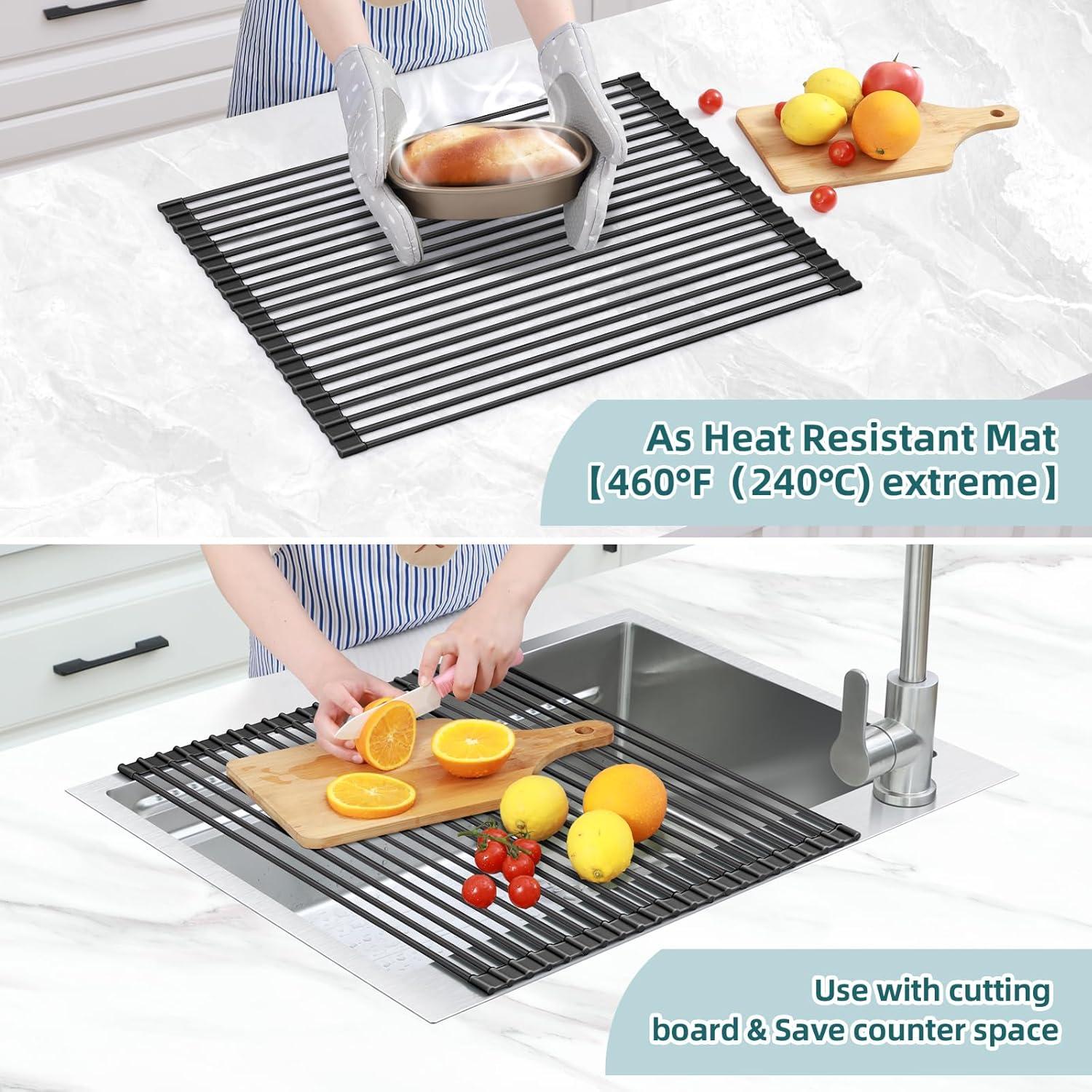 imageOhuhu Over Sink Dish Drying Rack Silicone Wrapped 176 W x 154 L Large Over The Sink Roll Up Dish Drainer Foldable Sink Drying Rack Rolling Drain Mats AntiSlip Multipurpose for Kitchen CounterBlack