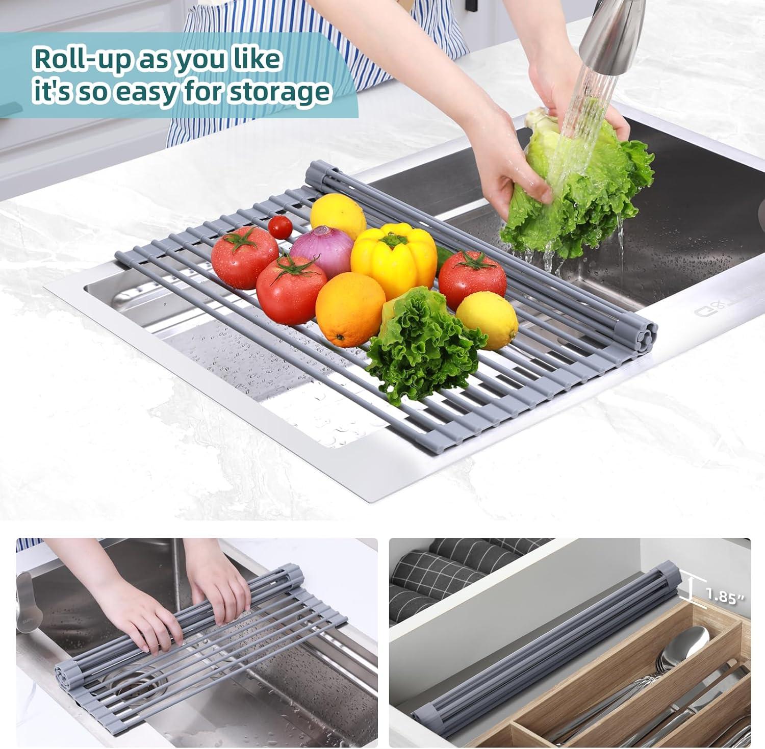 imageOhuhu Over Sink Dish Drying Rack Silicone Wrapped 176 W x 154 L Large Over The Sink Roll Up Dish Drainer Foldable Sink Drying Rack Rolling Drain Mats AntiSlip Multipurpose for Kitchen CounterGray
