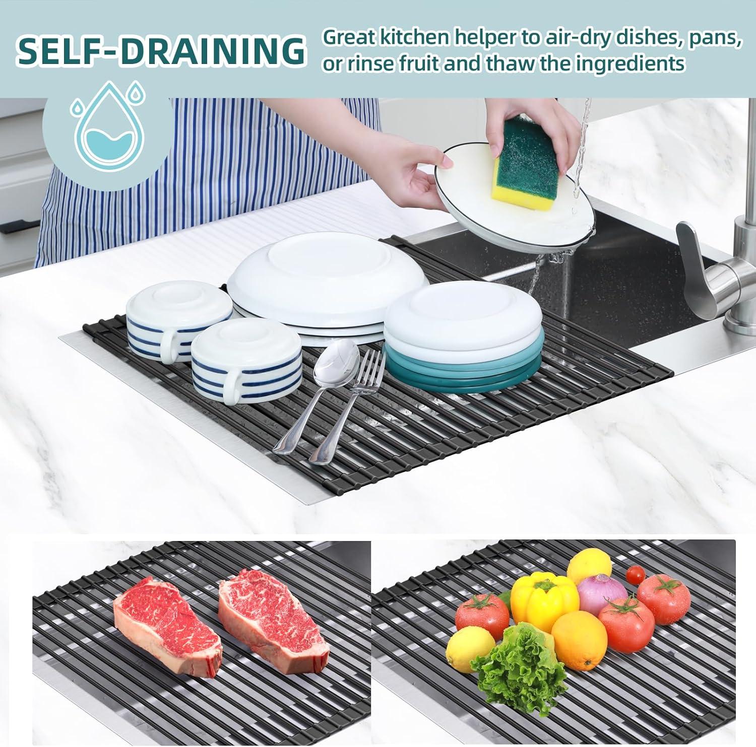 imageOhuhu Over Sink Dish Drying Rack Silicone Wrapped 176 W x 154 L Large Over The Sink Roll Up Dish Drainer Foldable Sink Drying Rack Rolling Drain Mats AntiSlip Multipurpose for Kitchen CounterBlack