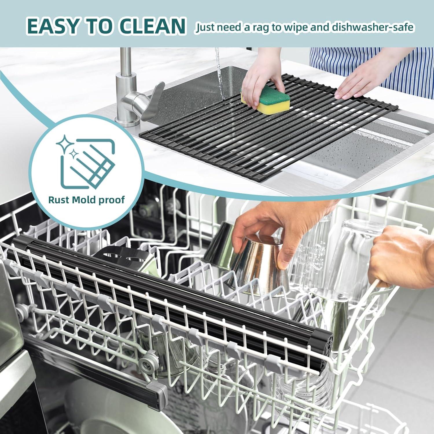 imageOhuhu Over Sink Dish Drying Rack Silicone Wrapped 176 W x 154 L Large Over The Sink Roll Up Dish Drainer Foldable Sink Drying Rack Rolling Drain Mats AntiSlip Multipurpose for Kitchen CounterBlack