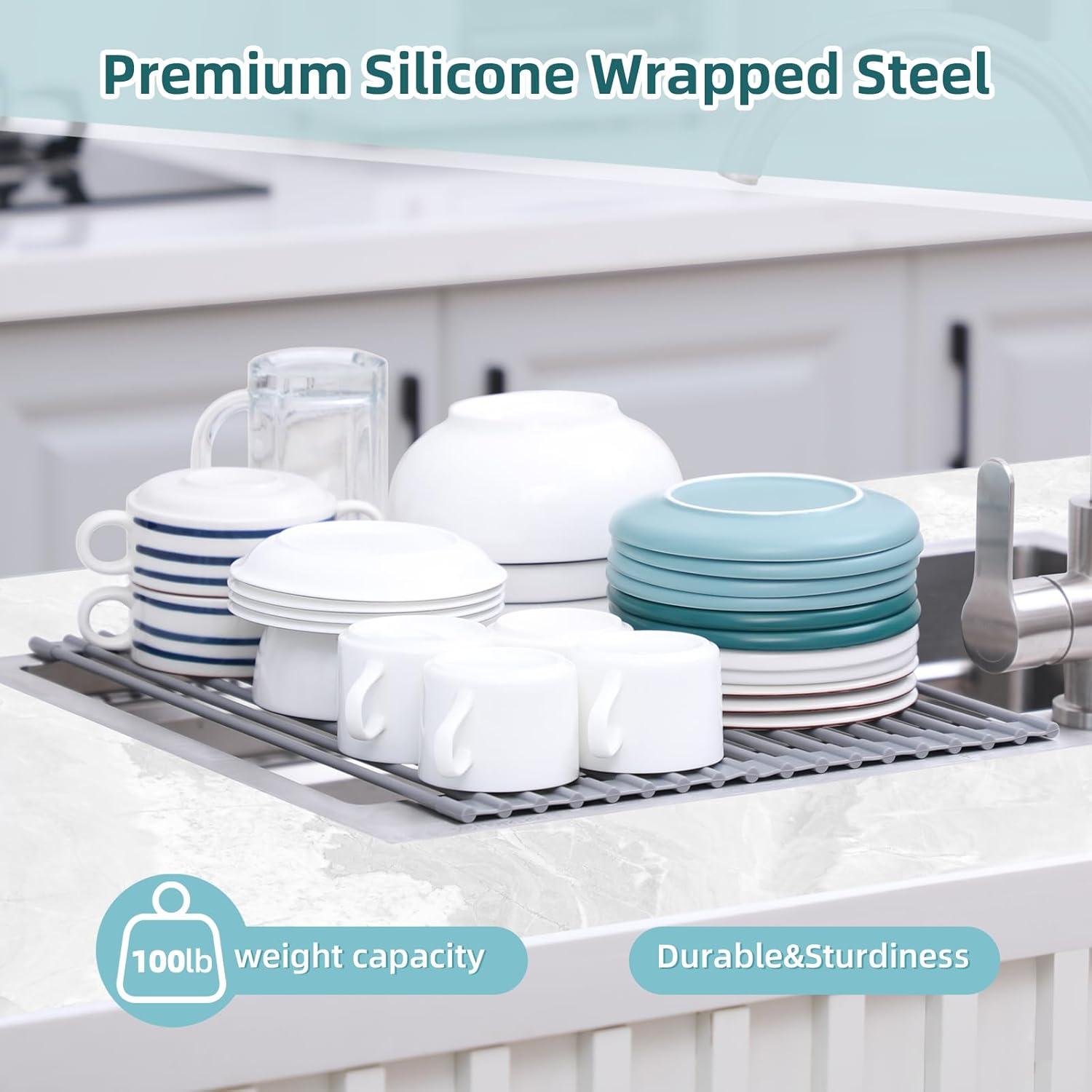 imageOhuhu Over Sink Dish Drying Rack Silicone Wrapped 176 W x 154 L Large Over The Sink Roll Up Dish Drainer Foldable Sink Drying Rack Rolling Drain Mats AntiSlip Multipurpose for Kitchen CounterGray