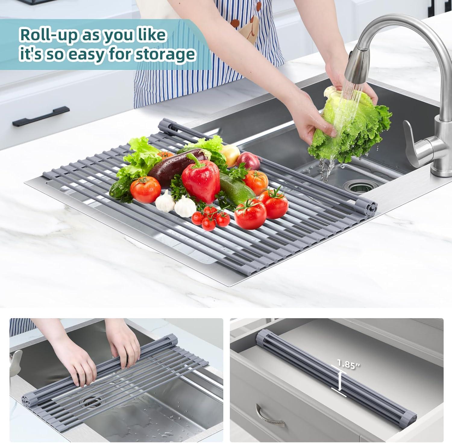 imageOhuhu Over Sink Dish Drying Rack Silicone Wrapped 176 W x 154 L Large Over The Sink Roll Up Dish Drainer Foldable Sink Drying Rack Rolling Drain Mats AntiSlip Multipurpose for Kitchen CounterGray