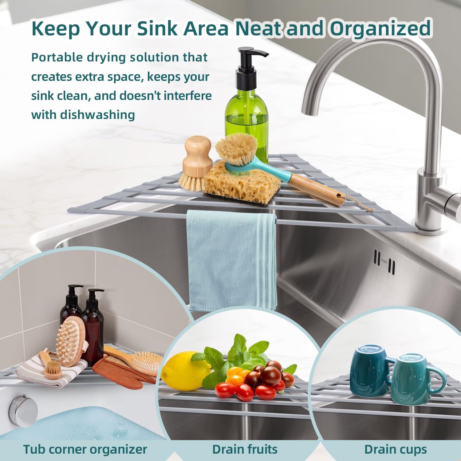 imageOhuhu Over Sink Dish Drying Rack Silicone Wrapped 176 W x 154 L Large Over The Sink Roll Up Dish Drainer Foldable Sink Drying Rack Rolling Drain Mats AntiSlip Multipurpose for Kitchen CounterGray