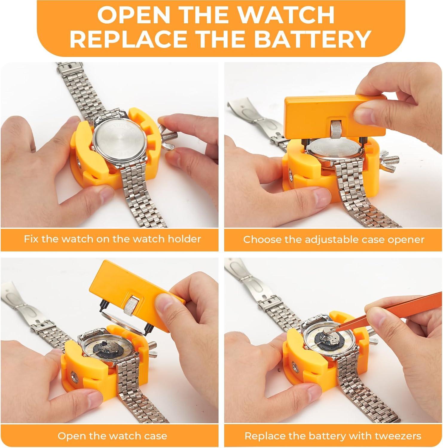 imageOhuhu Watch Battery Replacement Tool Kit Upgraded Watch Repair Kit Watch Back Remover Opener Tool Case Opener Removal with Extra Screwdriver Back Protective Films Sealing Rings88 Pcs