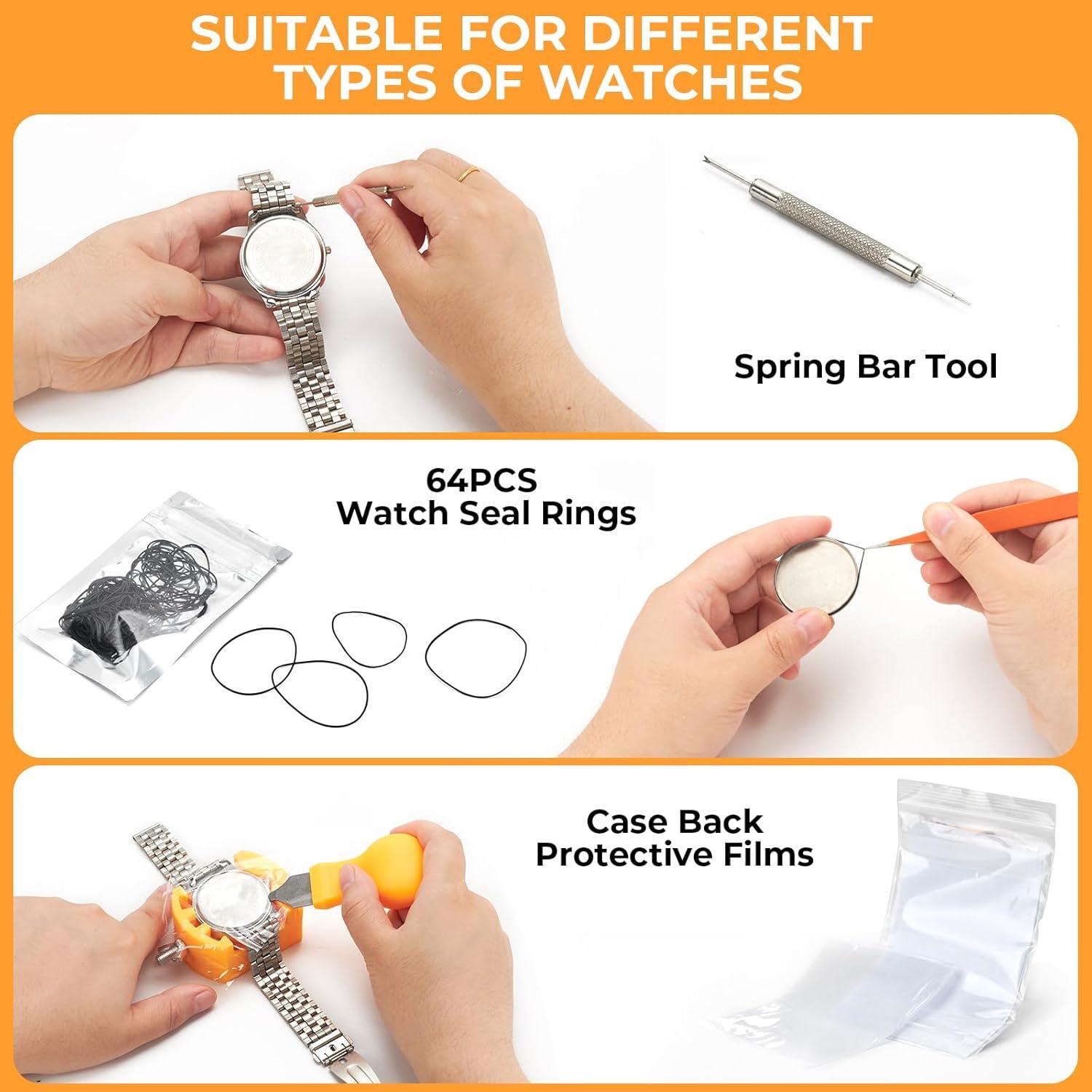 imageOhuhu Watch Battery Replacement Tool Kit Upgraded Watch Repair Kit Watch Back Remover Opener Tool Case Opener Removal with Extra Screwdriver Back Protective Films Sealing Rings88 Pcs