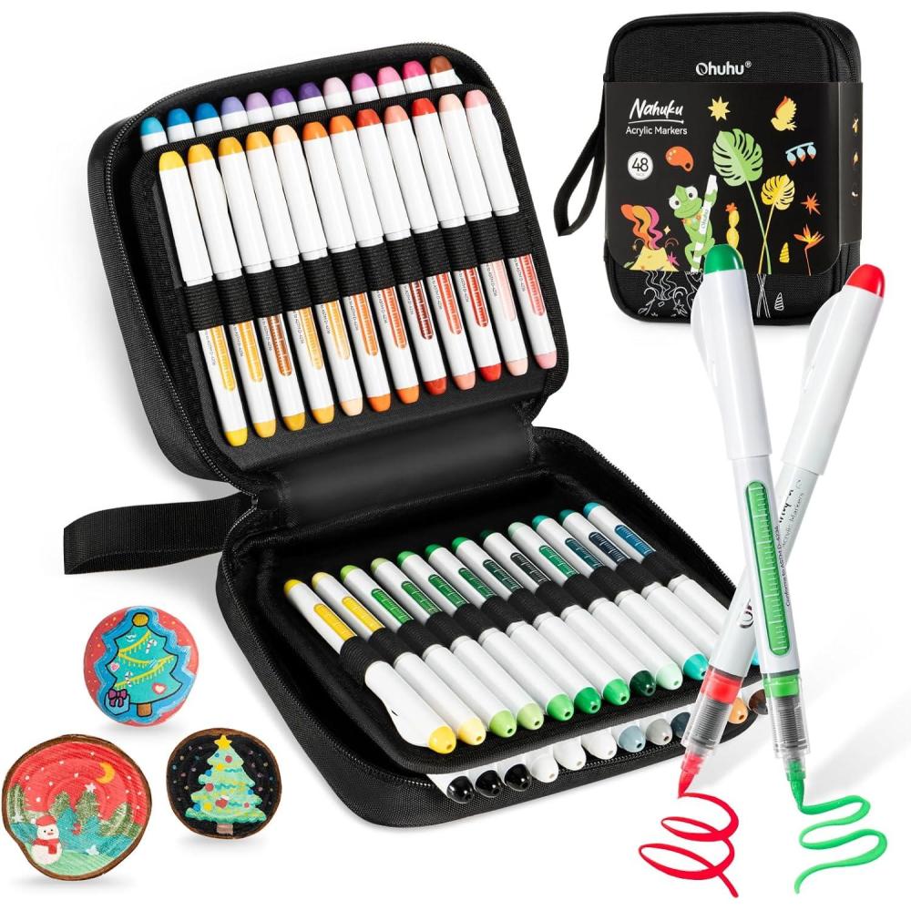 imageOhuhu Acrylic Paint Markers Brush Tip 48 Pack Automatic Ink Control Acrylic Markers High Opacity Paint Pens Waterproof Lightfast for Rock Painting 3D Prints Easter Eggs Wood DIY Crafts Nahuku48 Pack
