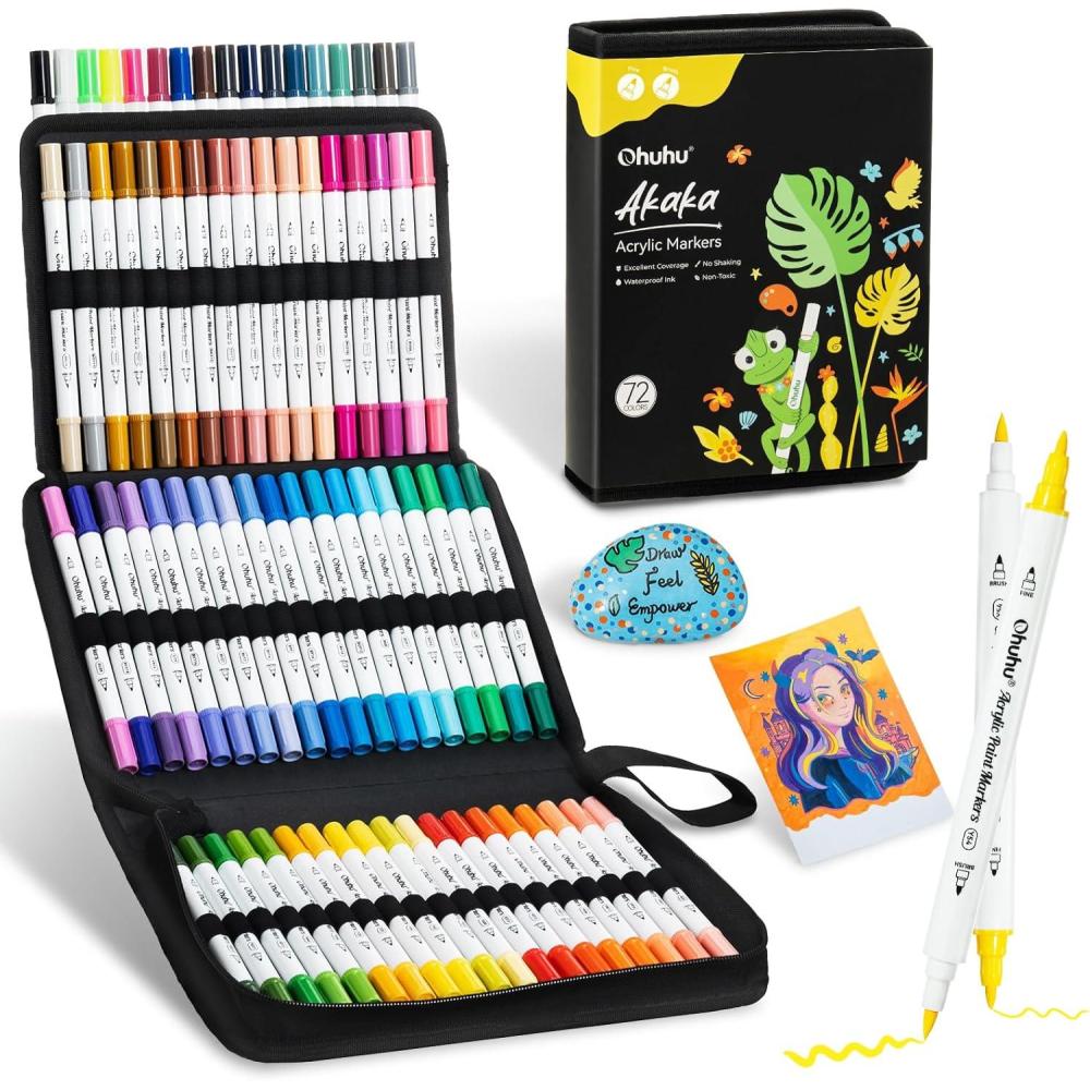 imageOhuhu Acrylic Paint Markers Dual Tips 72 Colors Brush amp Fine Paint Pens High Opacity Acrylic Markers Waterproof Lightfast for Christmas Gifts Rock Painting 3D Prints Egg Wood Glass Ceramic DIY CraftsBrush Fine