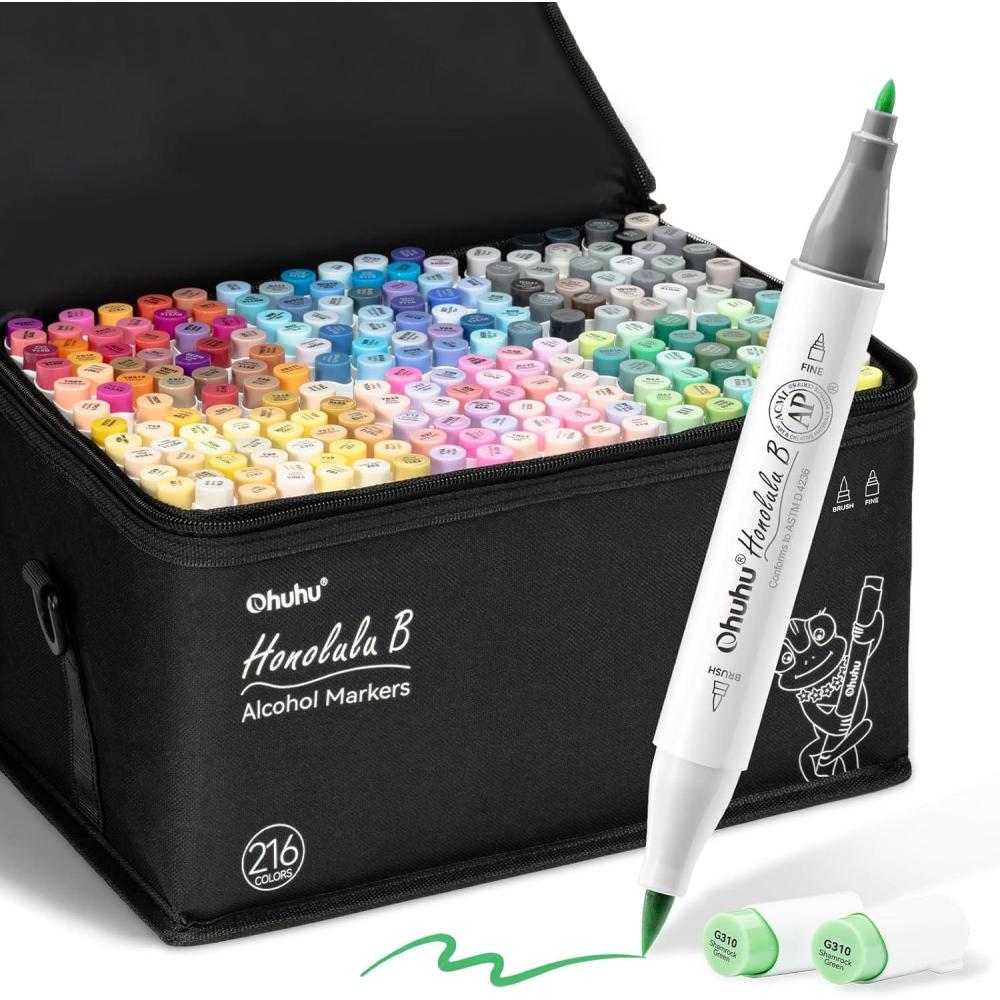 imageOhuhu Alcohol Based Brush Markers Double Tipped Art Marker Set for Artists Adults Coloring Sketch Illustration  Brush amp Fine Dual Tips  216 Colors  Honolulu B of Ohuhu Markers  Refillable InkBrush  Fine